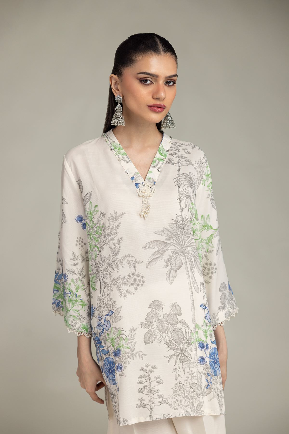 Embroidered Raw Silk Floral V-Neck Kurta - 1-26-221-A-G1-VG