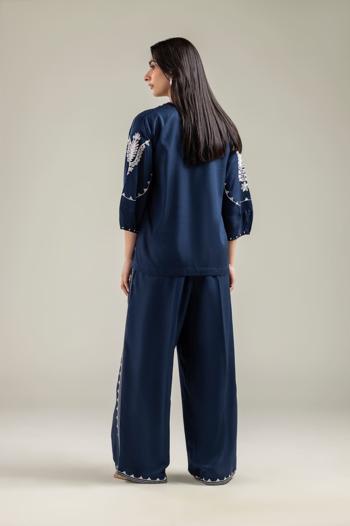 Embroidered Viscose Crepe Embroidered Navy Blouse - 1-26-142-A-D-VG