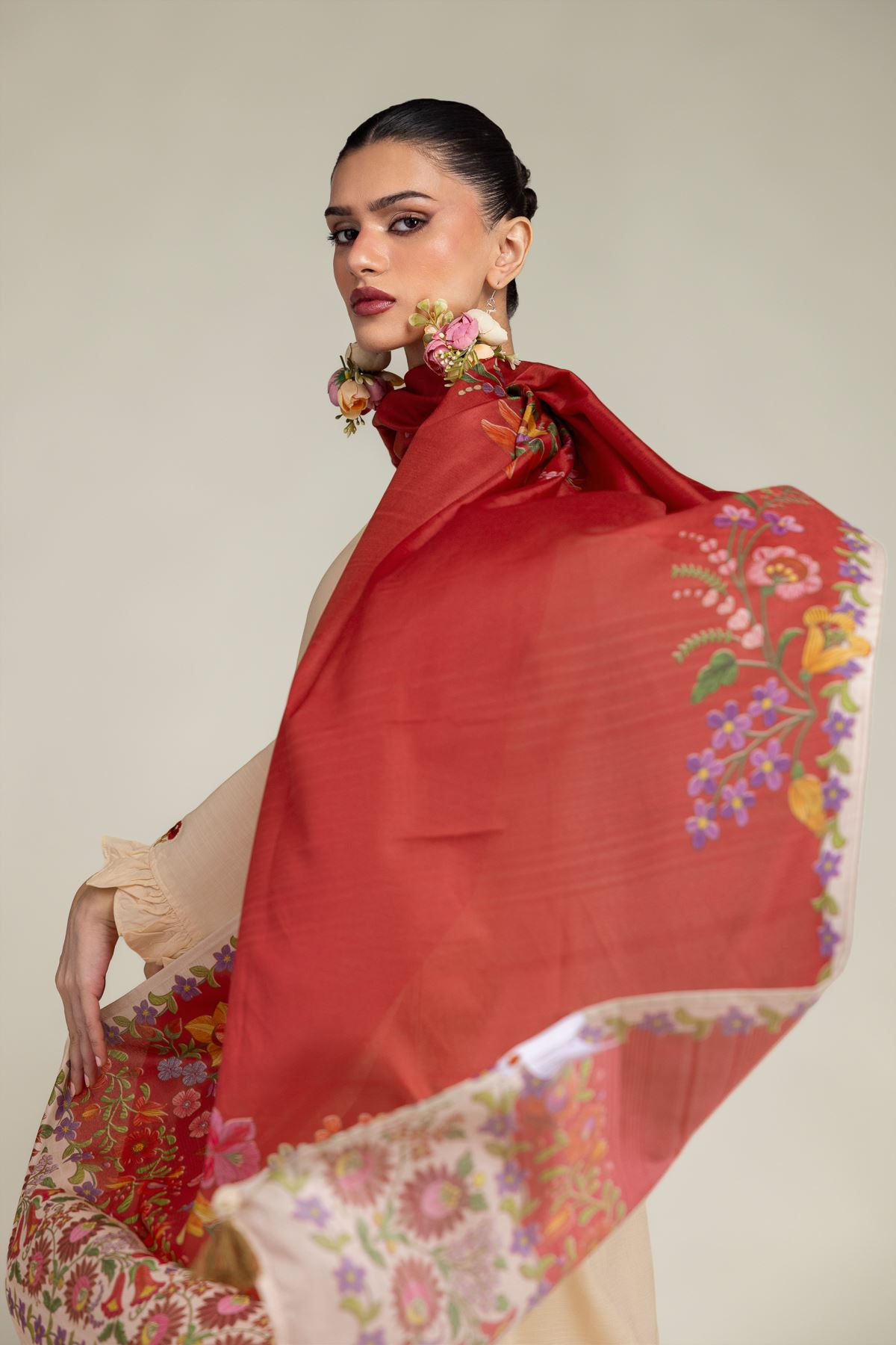 Embroidered Polyester Silk Floral Red Dupatta - 1-26-203-A-F1-VG