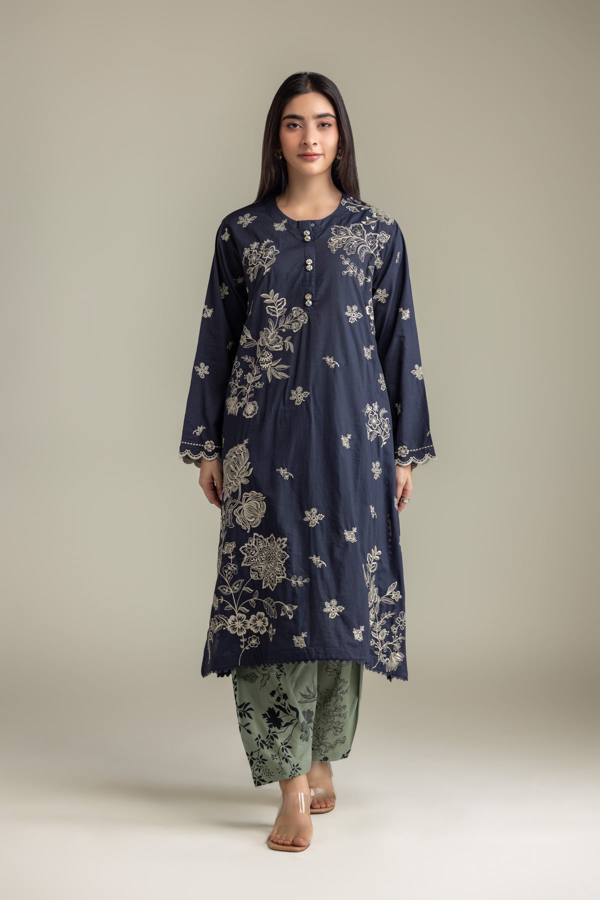 Embroidered Cambric Mint Floral Shalwar - 2-26-202-A-D-VG