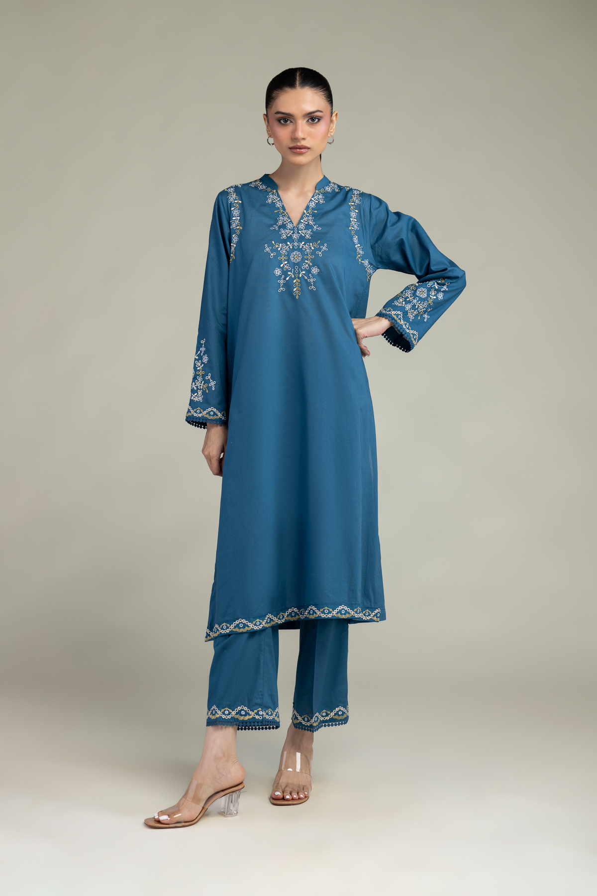 Embroidered Cambric Floral Longline Kurta - 1-26-323-B-A2-VG