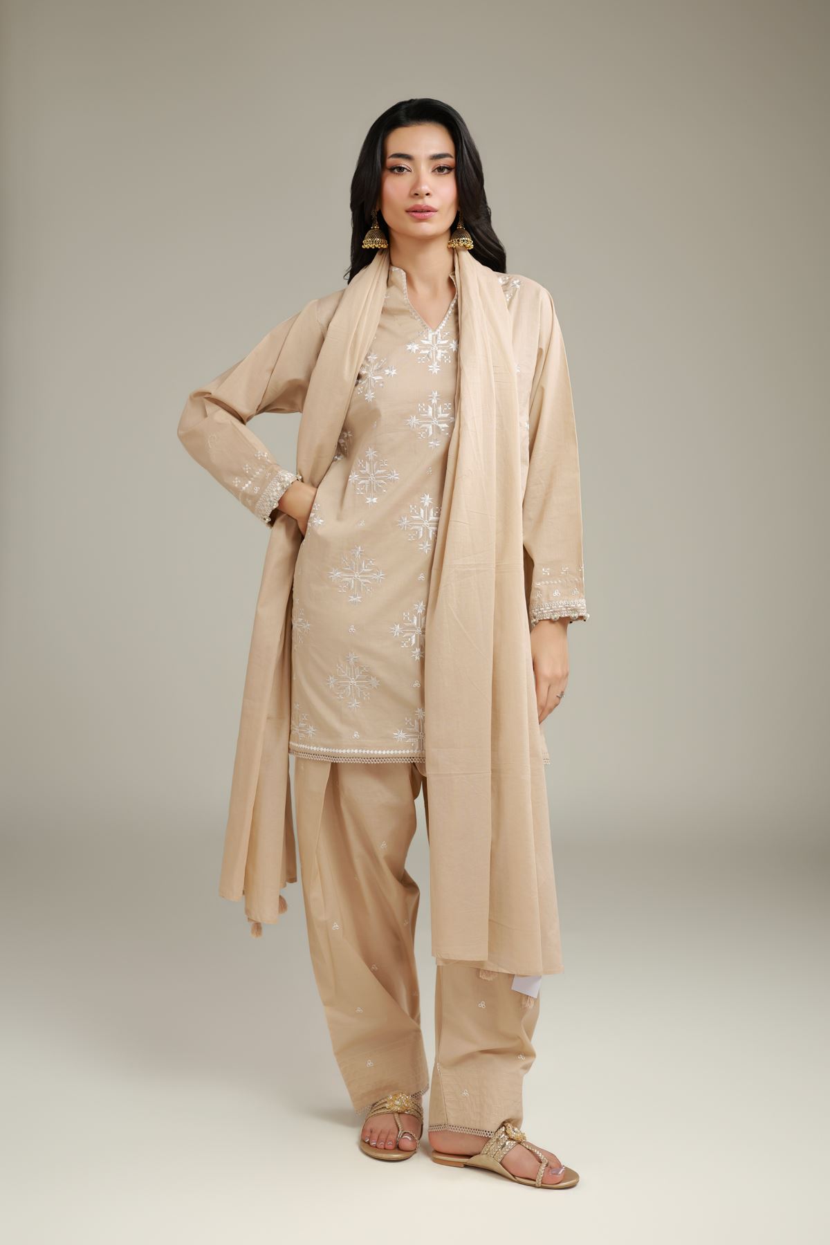 Embroidered Lawn Embroidered Beige Dupatta - 1-26-120-A-B-VG