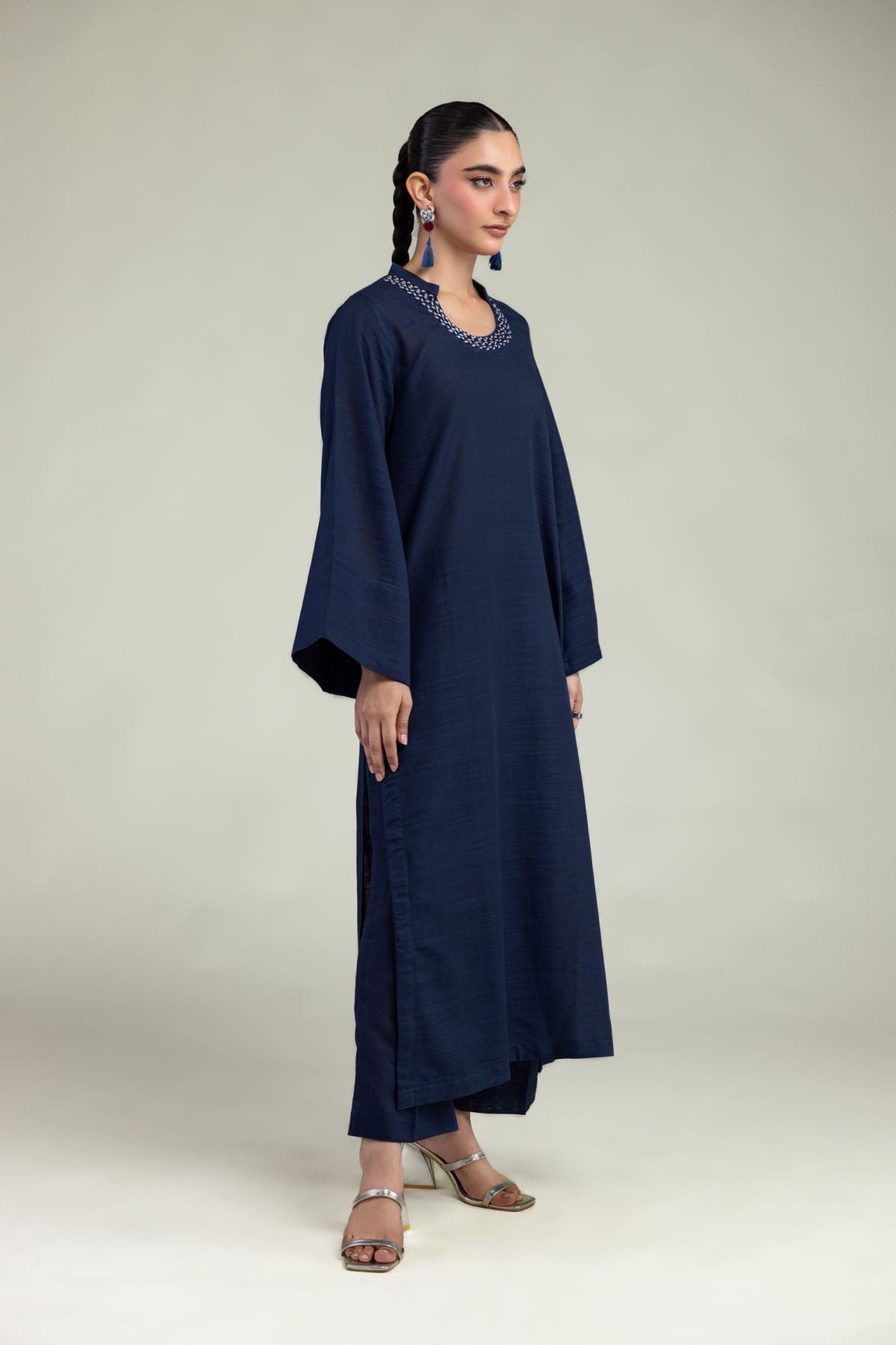 Dyed Textured Cotton Navy Cotton Pants - 8-26-304-A-B1-VG