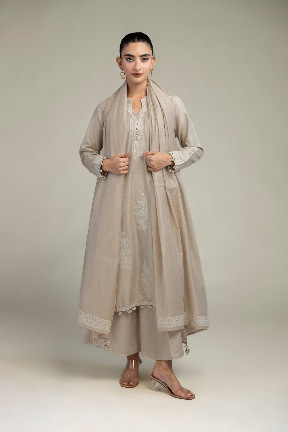 Cotton Net Paisley Beige Dupatta - 2-26-303-C-F1-VG