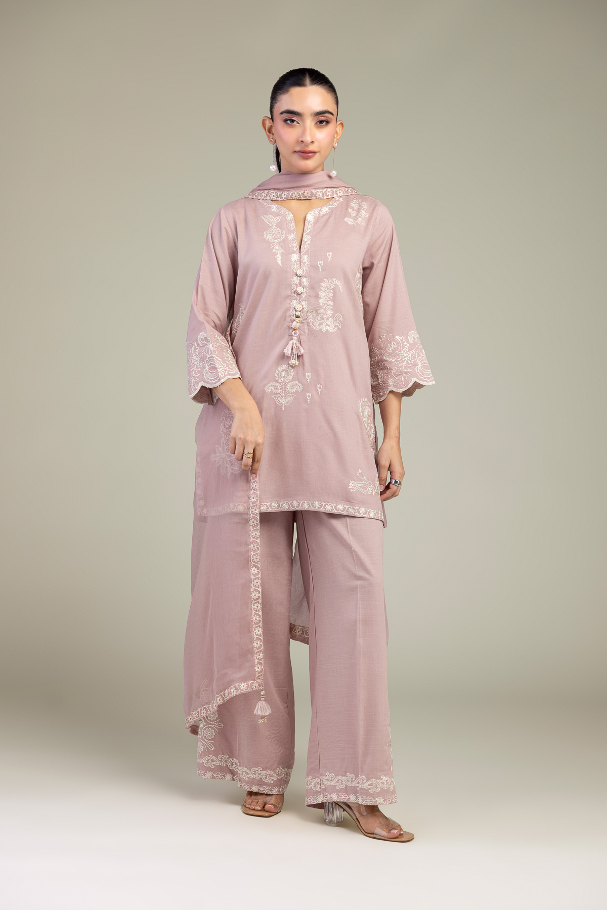 Embroidered Chiffon Pink Floral Dupatta - 1-26-309-B-D1-VG