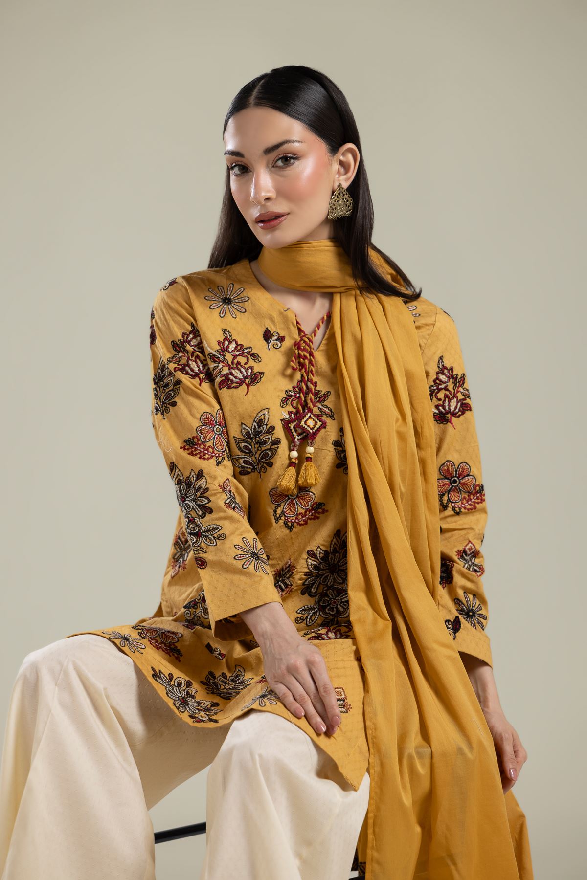 Embroidered Cotton Dobby Floral Mustard Kurta - 26-01-3E2-09TA-VG
