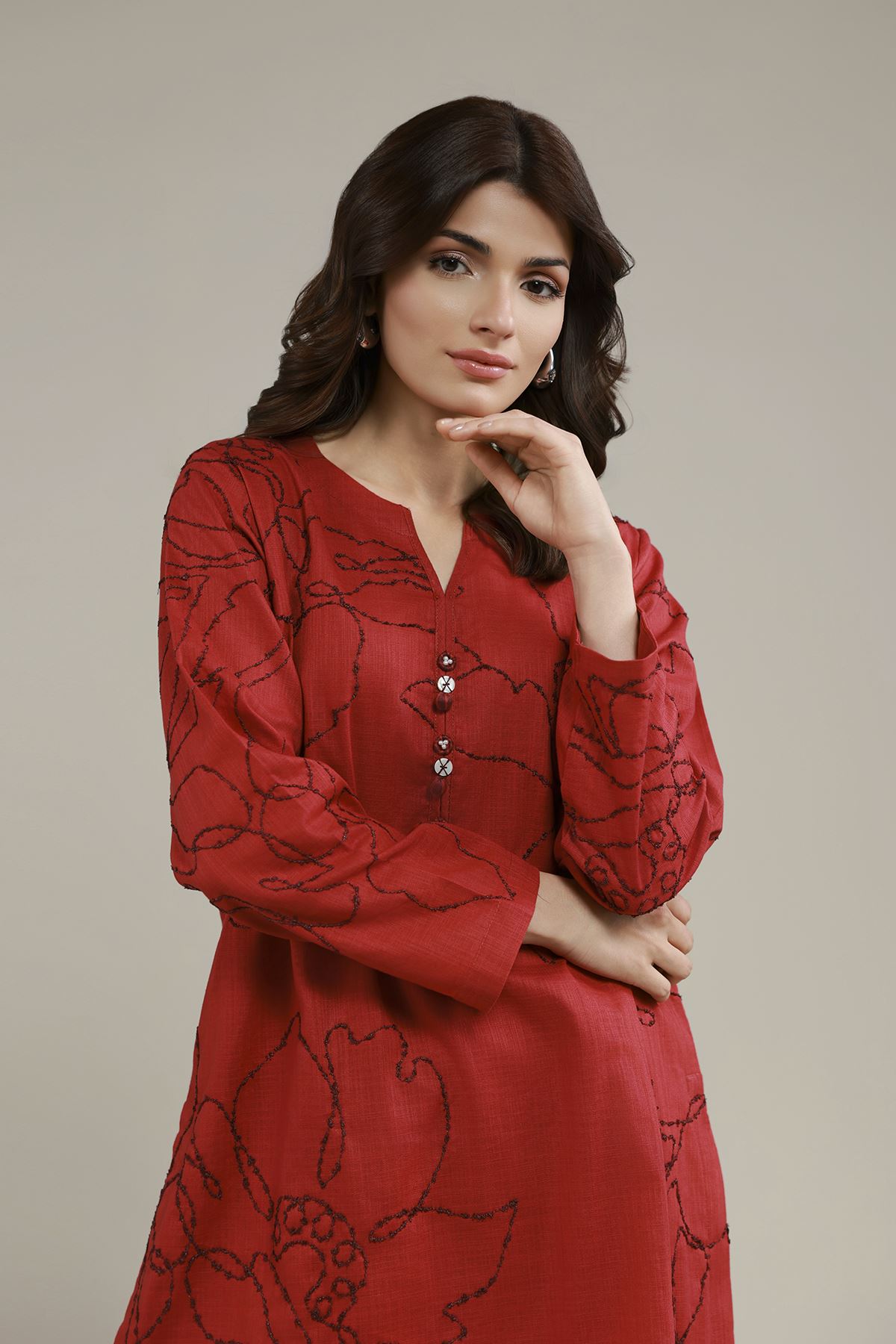 Embroidered Heavy Textured Cotton Floral Threadwork Kurta - EET24546B-VG