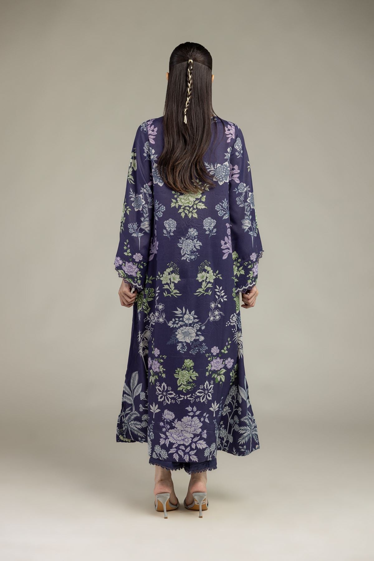 Embroidered Raw Silk Navy Longline Kurta - 1-26-245-A-E1-VG