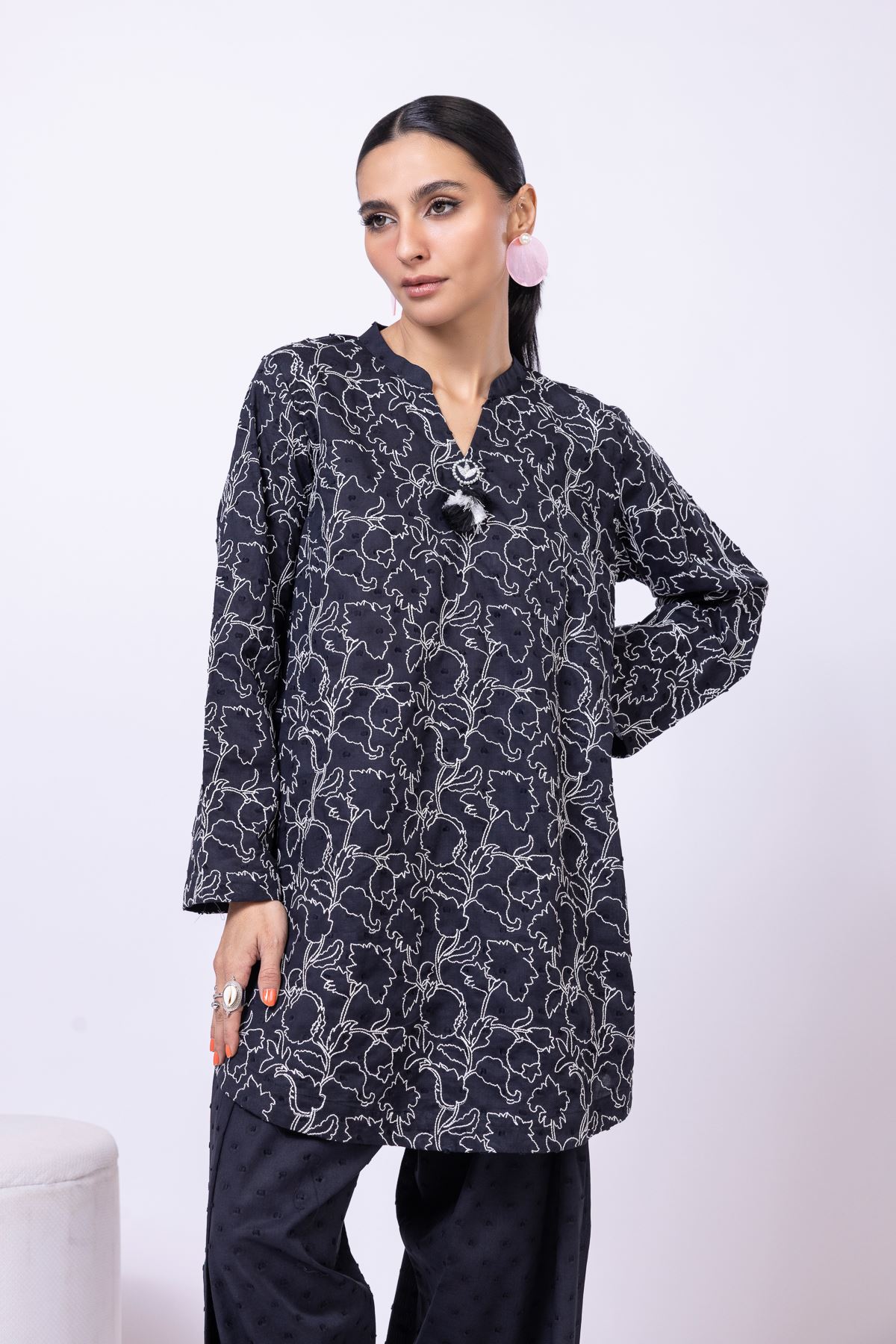 Embroidered Cross Slub Broshia Kurta - 25-10-11E12-03TB-VG