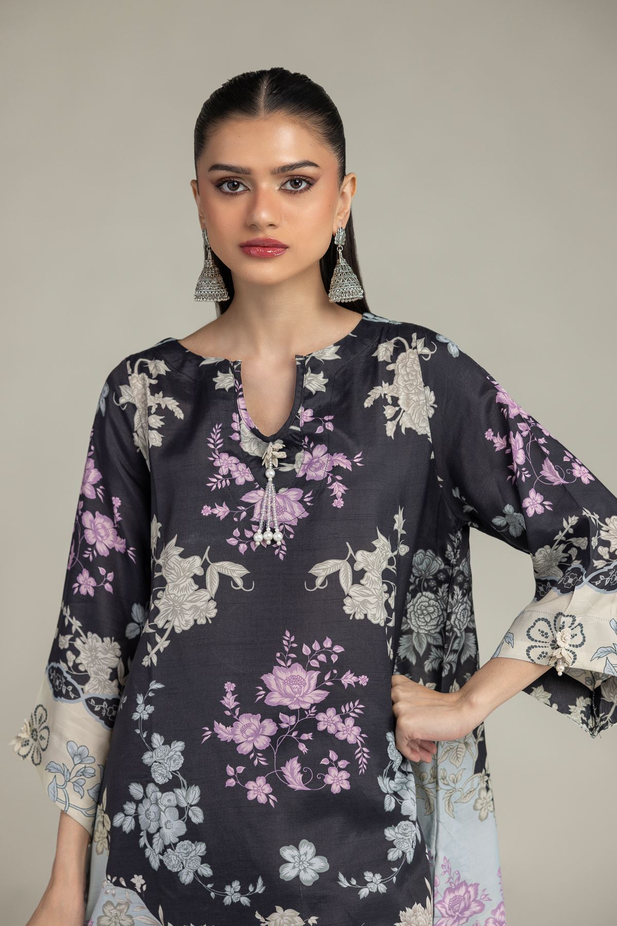 Embroidered Raw Silk Short Black Kurta - 1-26-225-A-C1-VG