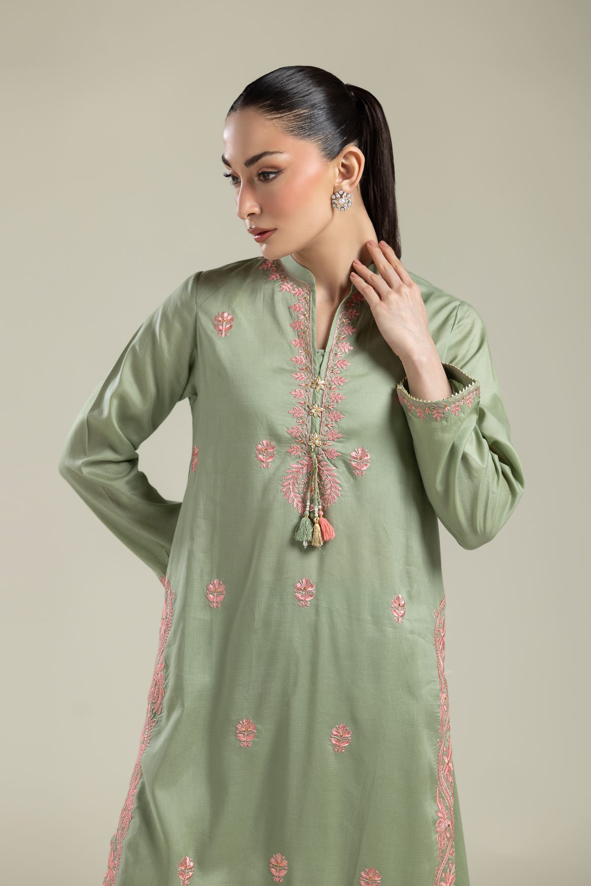 Embroidered Textured Weave Long Mint Kurta - 2-26-107-A-F-VG