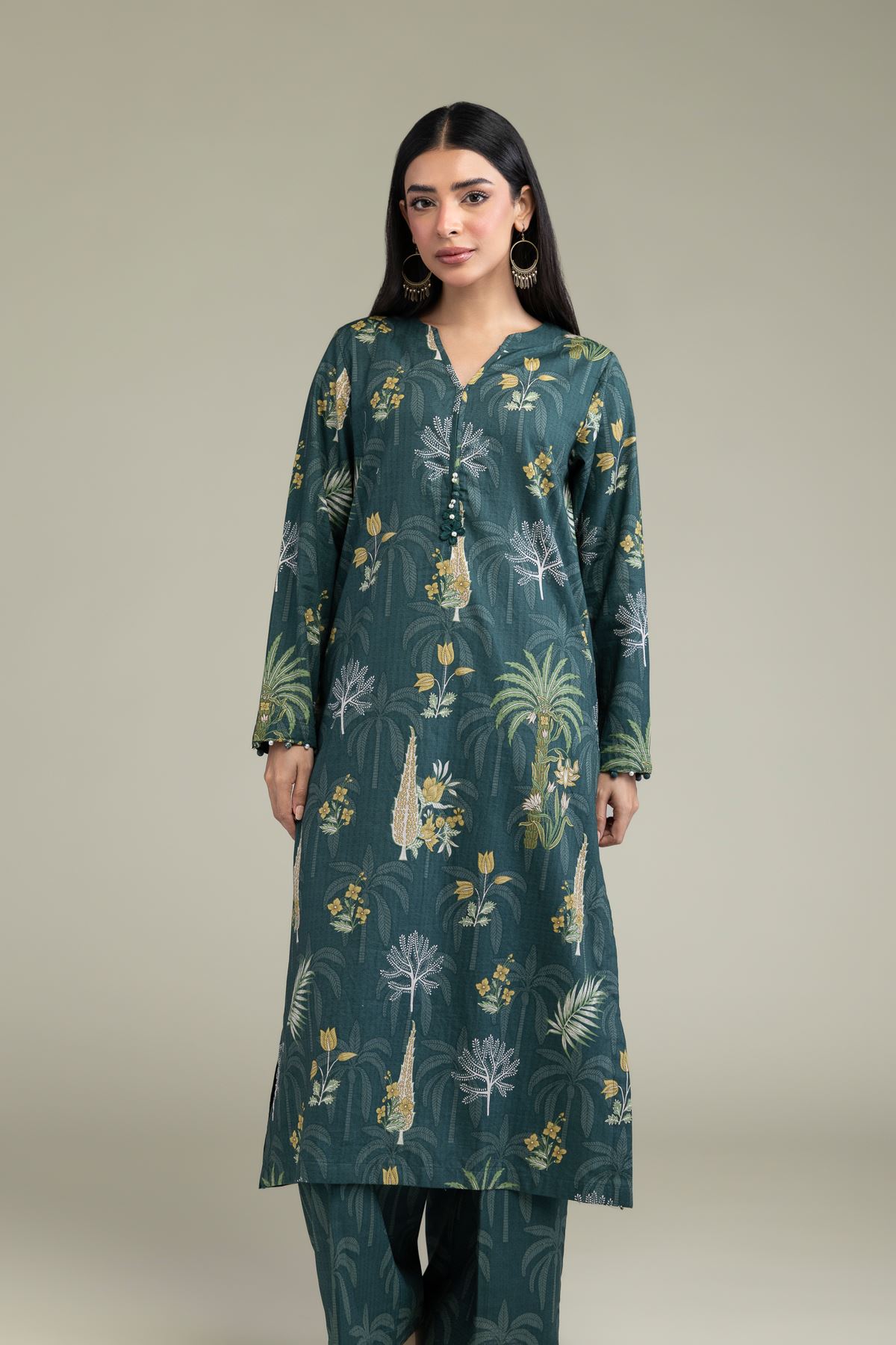 Printed Cotton Dobby Floral V-Neck Kurta - 1-26-211-A-F1-VG