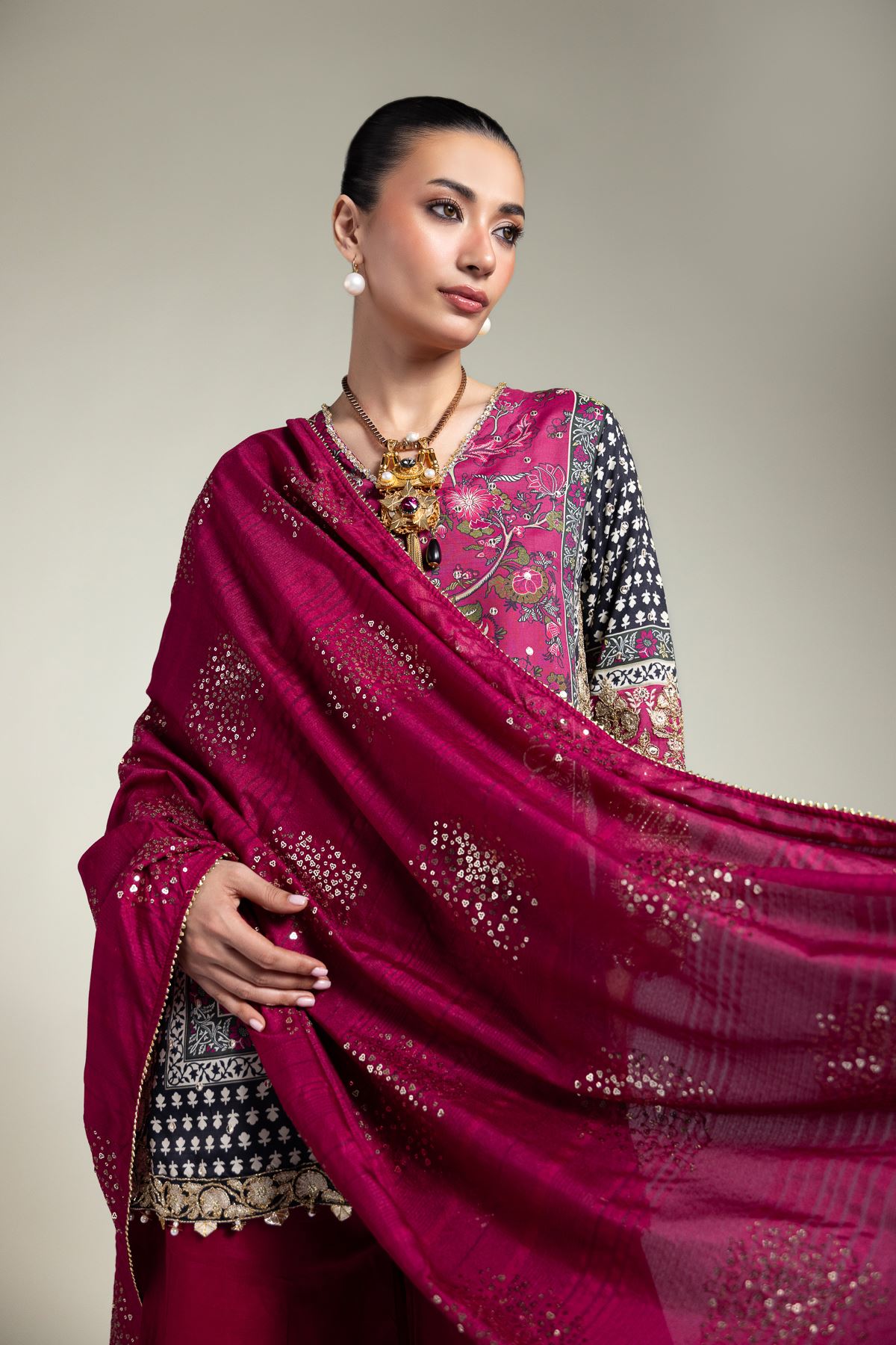 Embroidered Raw Silk Printed 3-Piece Set - 1001928305