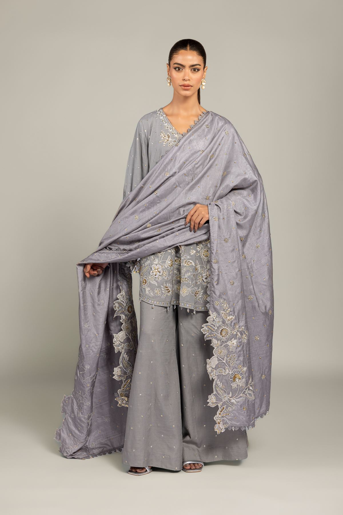 Embroidered Raw Silk 3-Piece Co-ord Set - 8-26-303-A-B1-VG