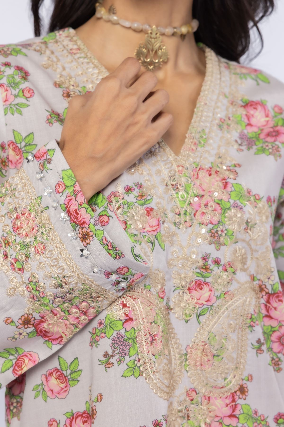 Embroidered Crosshatch Raw Silk Kurta - 25-08-8E6-02TA-VG