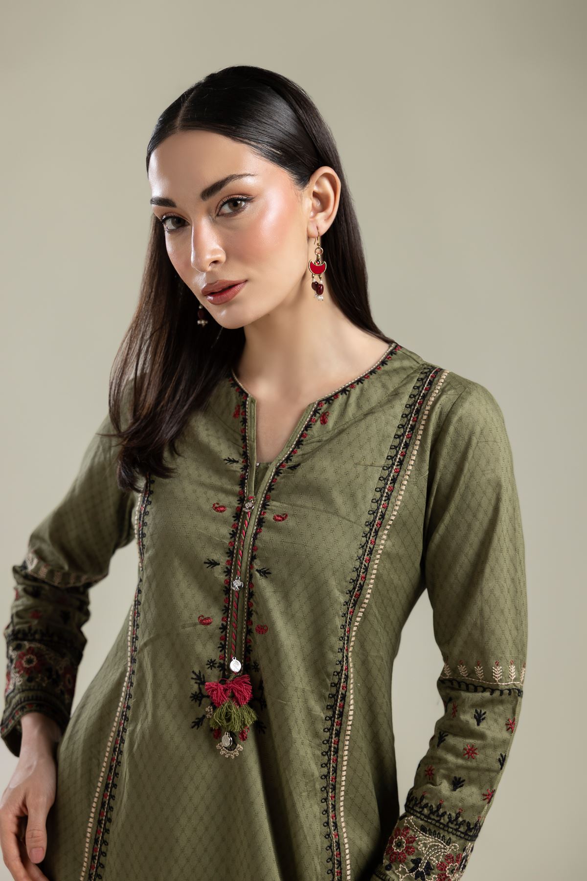 Embroidered Cotton Dobby Olive Floral Kurta - T-A112-26-106EC1-VG