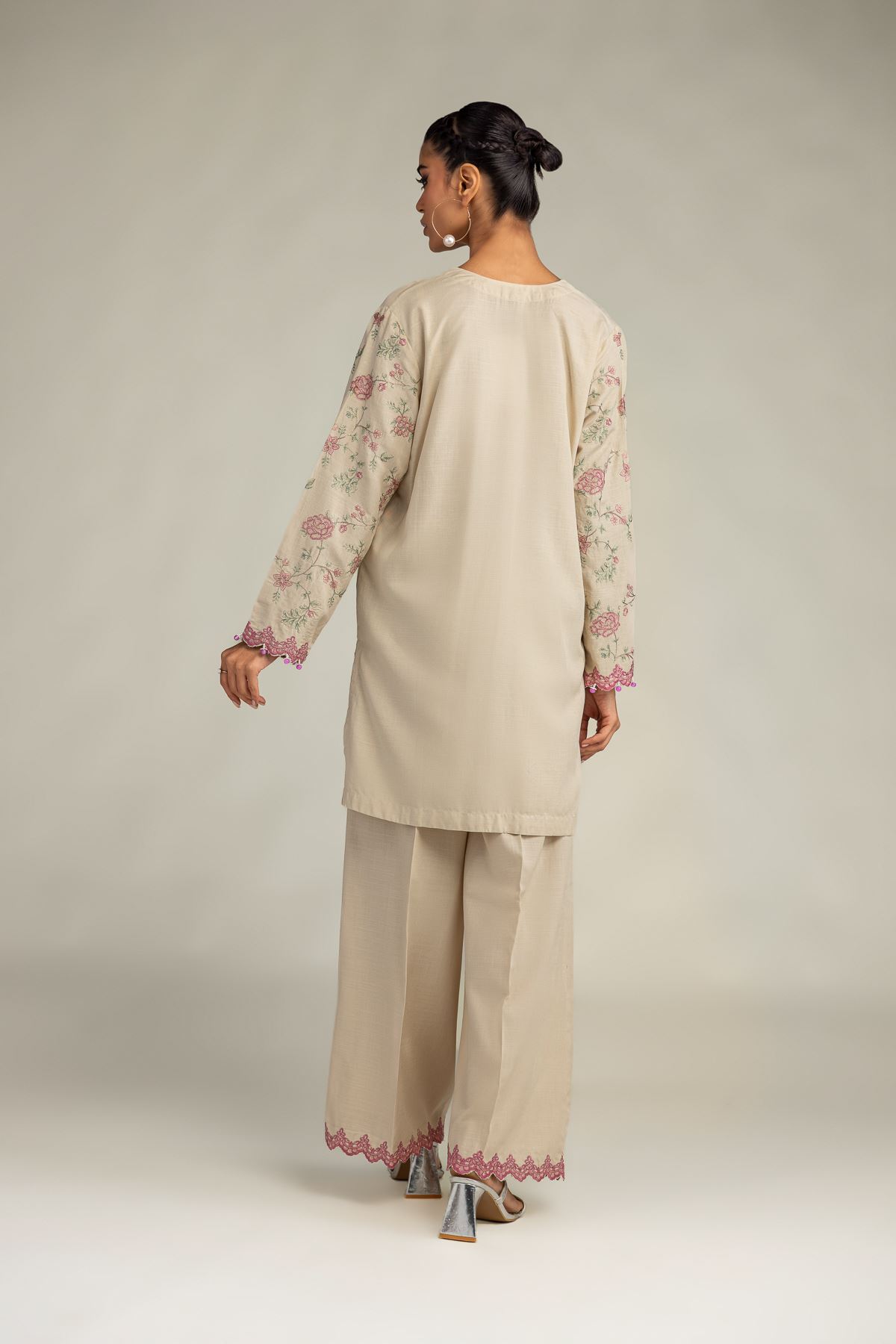 Embroidered Raw Silk Floral Beige Kurta - 1-26-322-B-A1-VG