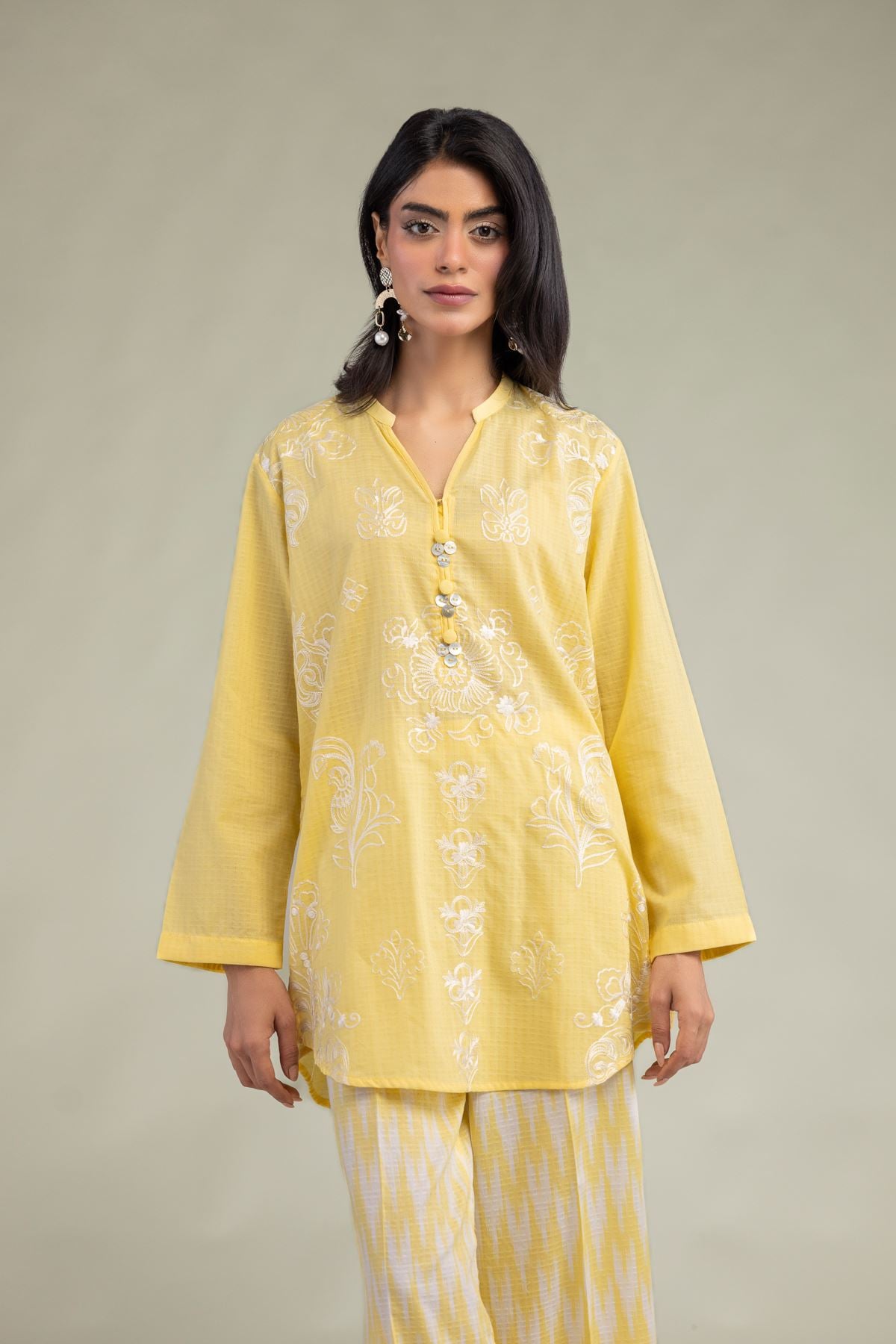 Embroidered Cotton Dobby Yellow Floral Kurta - 8-26-303-A-C1-VG