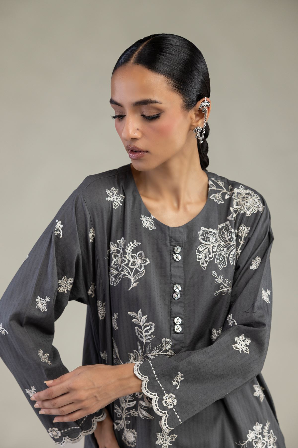Embroidered Cotton Dobby Gray Longline Kurta - 1-26-226-A-I1-VG