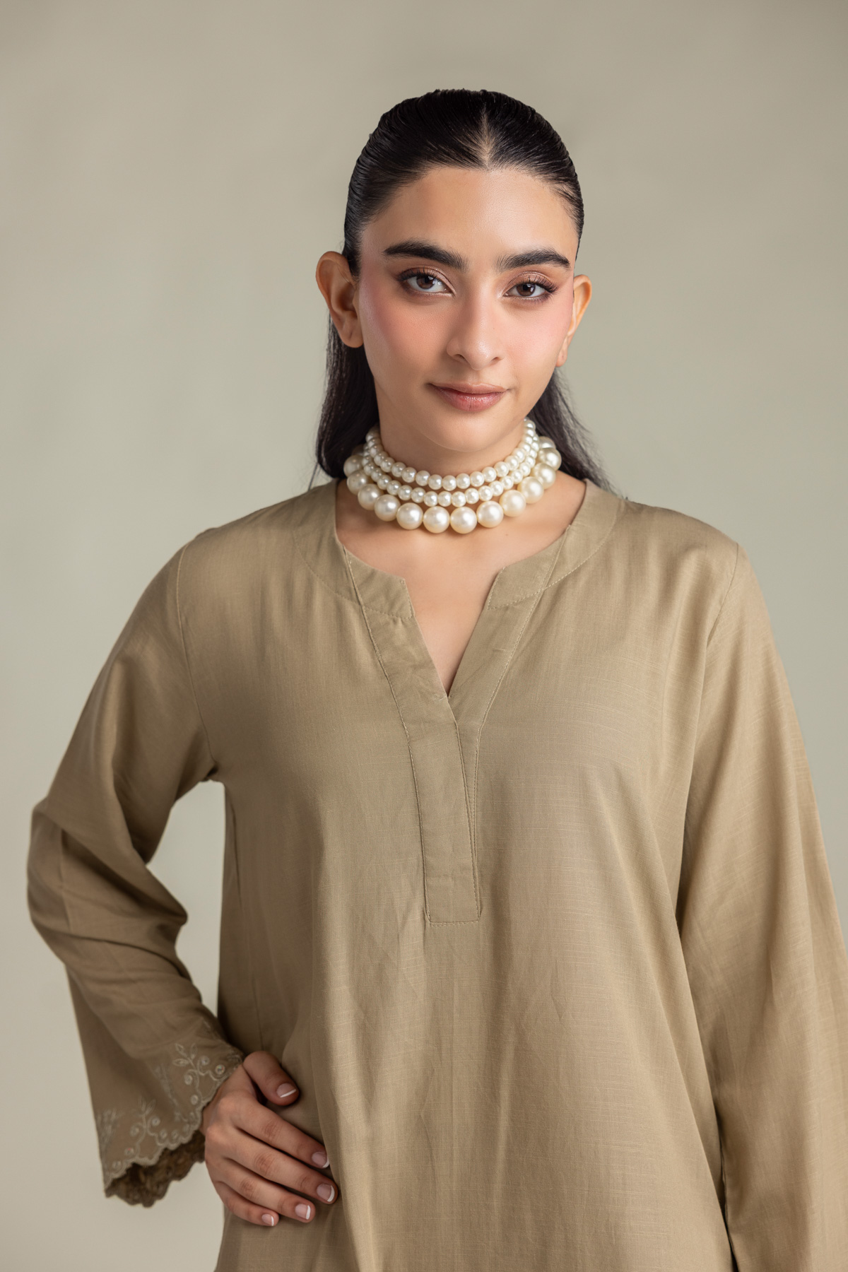 Embroidered Raw Silk V-Neck Beige Kurta - 2-26-418-A-H1-VG