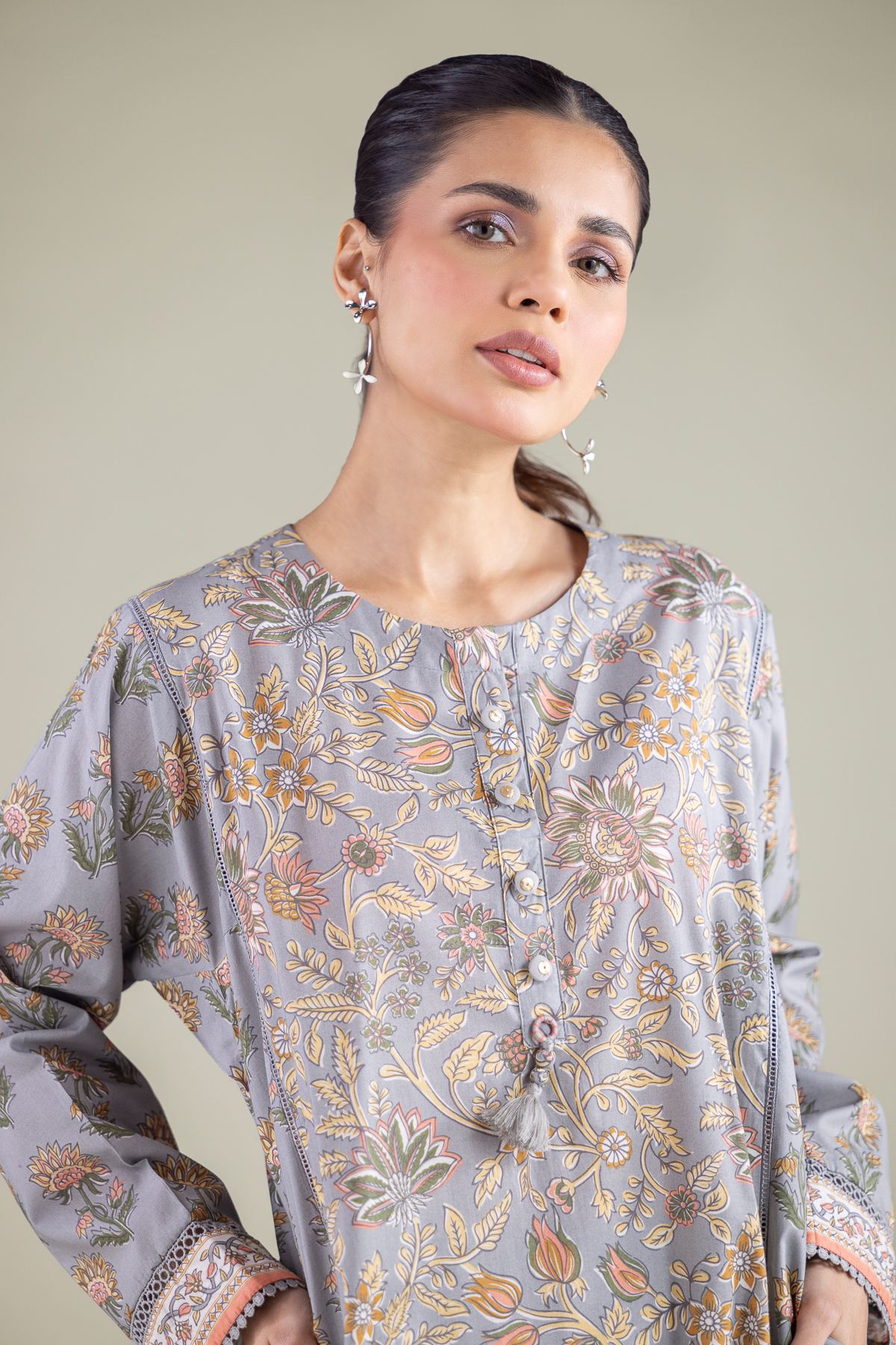 Printed Cambric Floral Longline Kurta - 1-26-144-B-A-VG