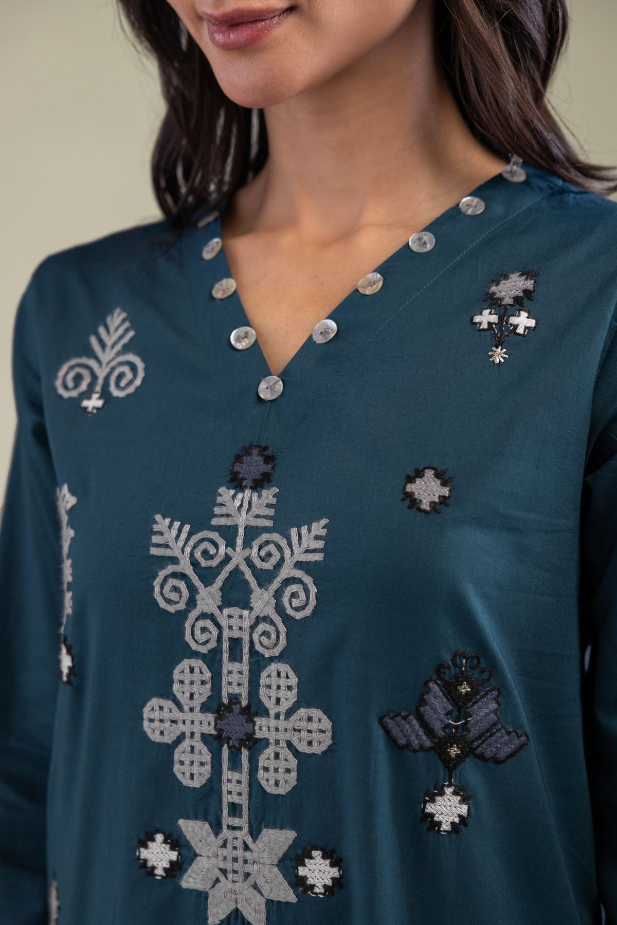 Embroidered Cambric Teal Longline Kurta - 2-26-212-A-H1-VG