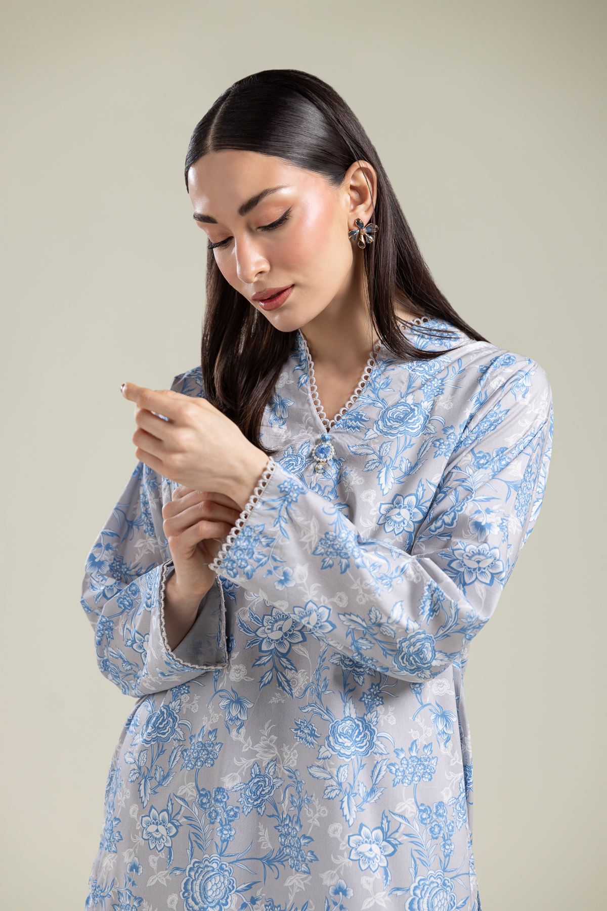 Printed Cotton Viscose Gray Floral Kurta - 1-26-204-A-A1-VG