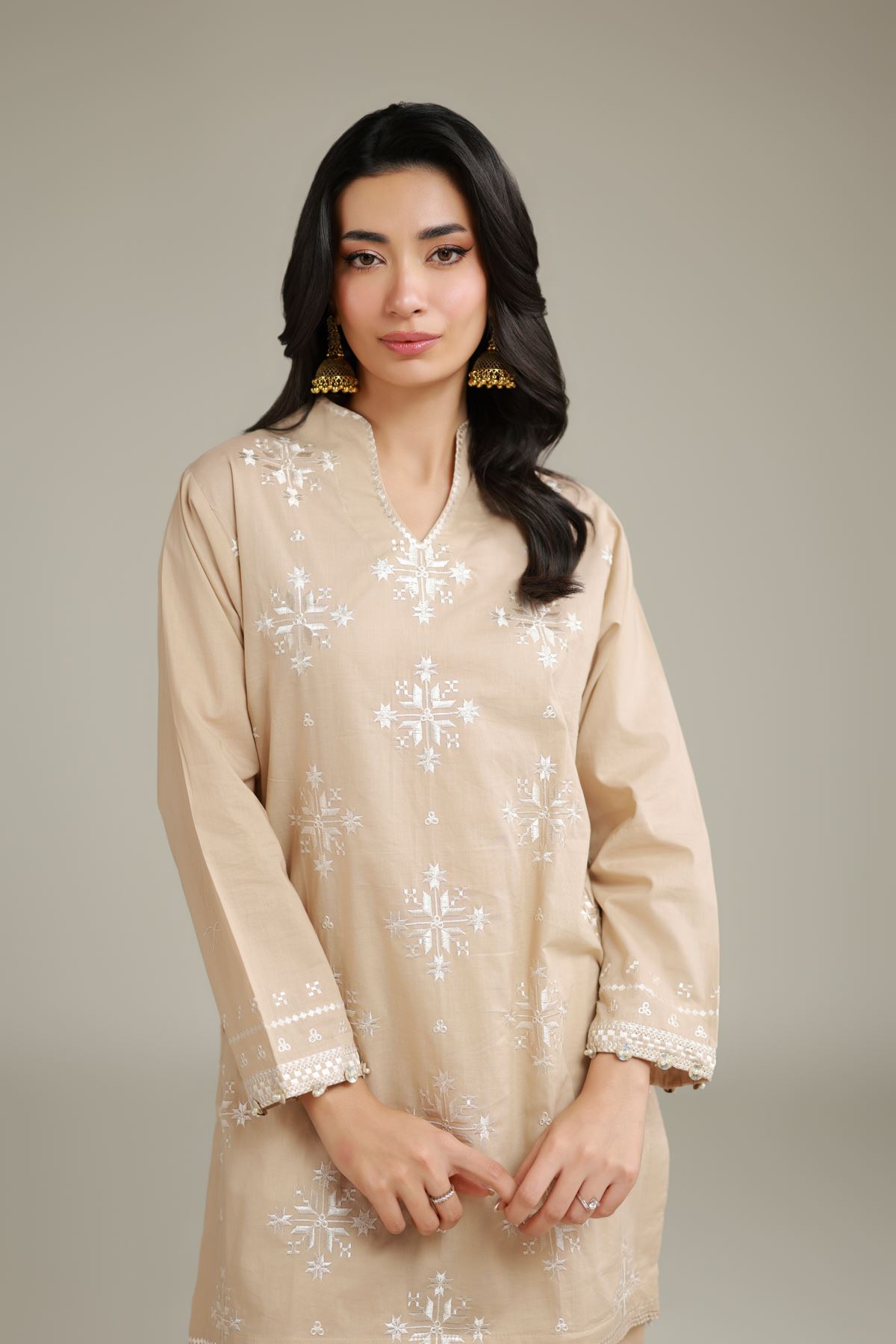 Embroidered Cambric Short Beige Kurta - 1-26-101-A-D-VG