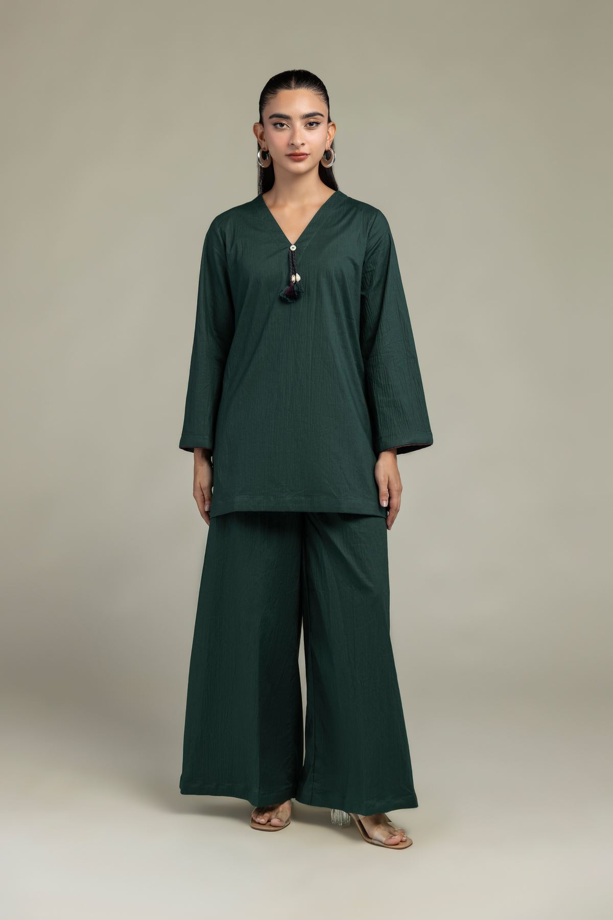 Dyed Cotton Crinkle Green Solid Pants - 1-26-250-B-H1-VG