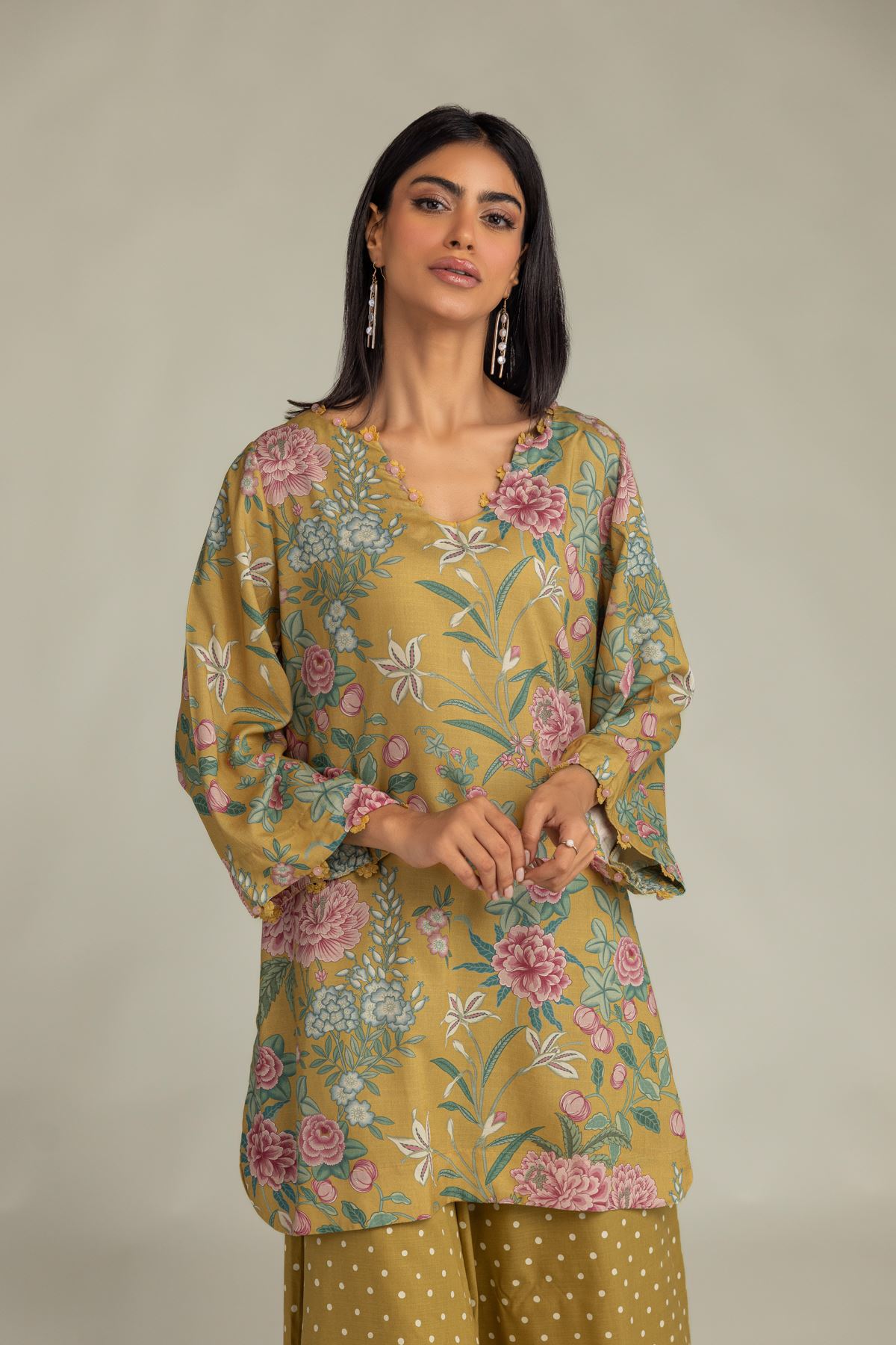 Printed Raw Silk Short Mustard Kurta - 1-26-309-B-D1-VG