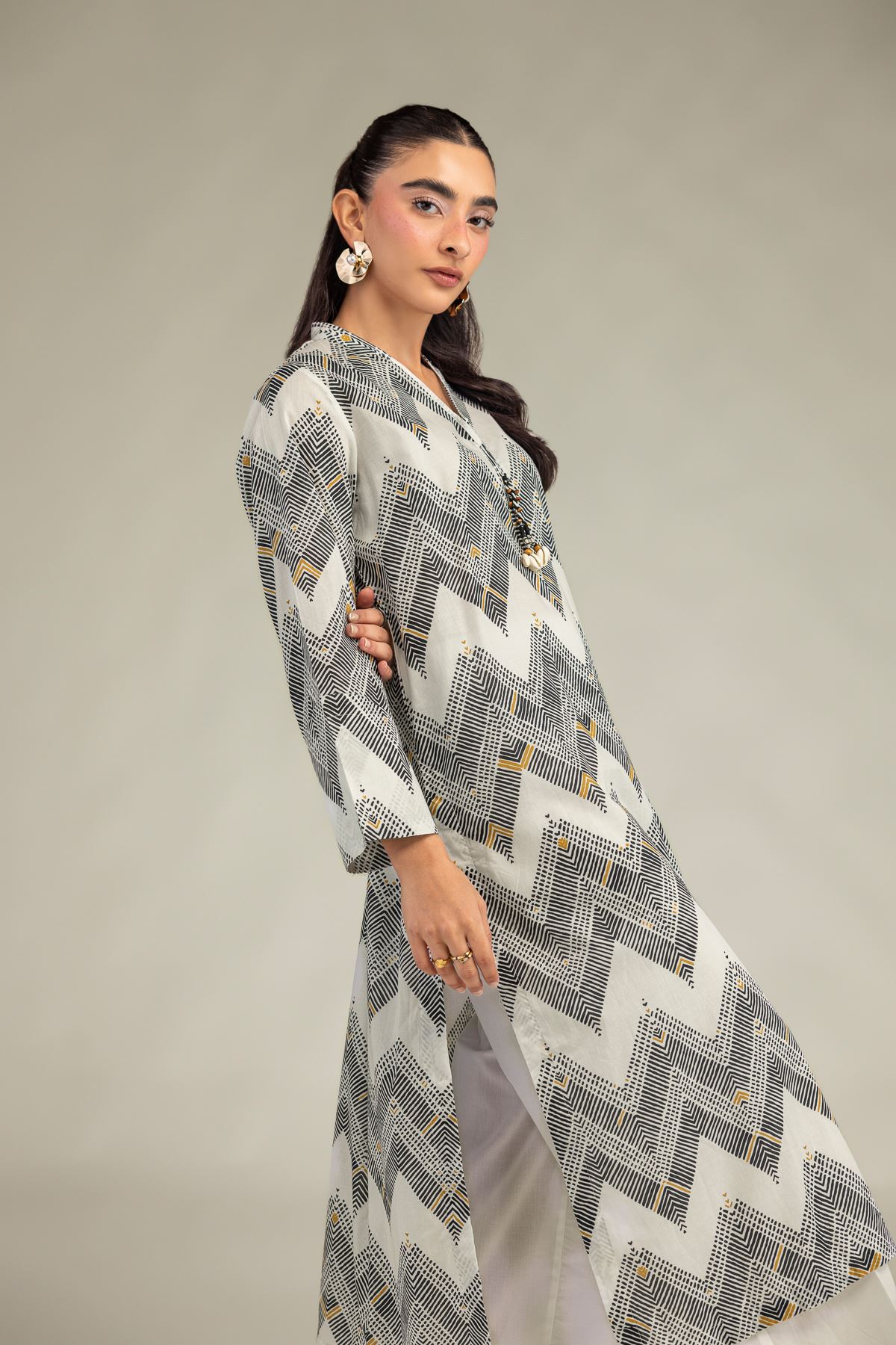 Printed Cambric Geometric Longline Kurta - 1-26-322-B-A1-VG