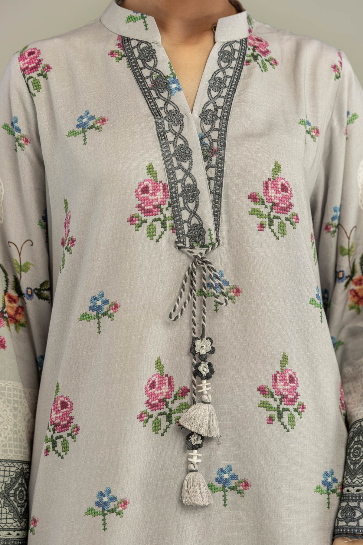 Embroidered Raw Silk Floral Gray Kurta - B1-2-26-106-A-C-VG