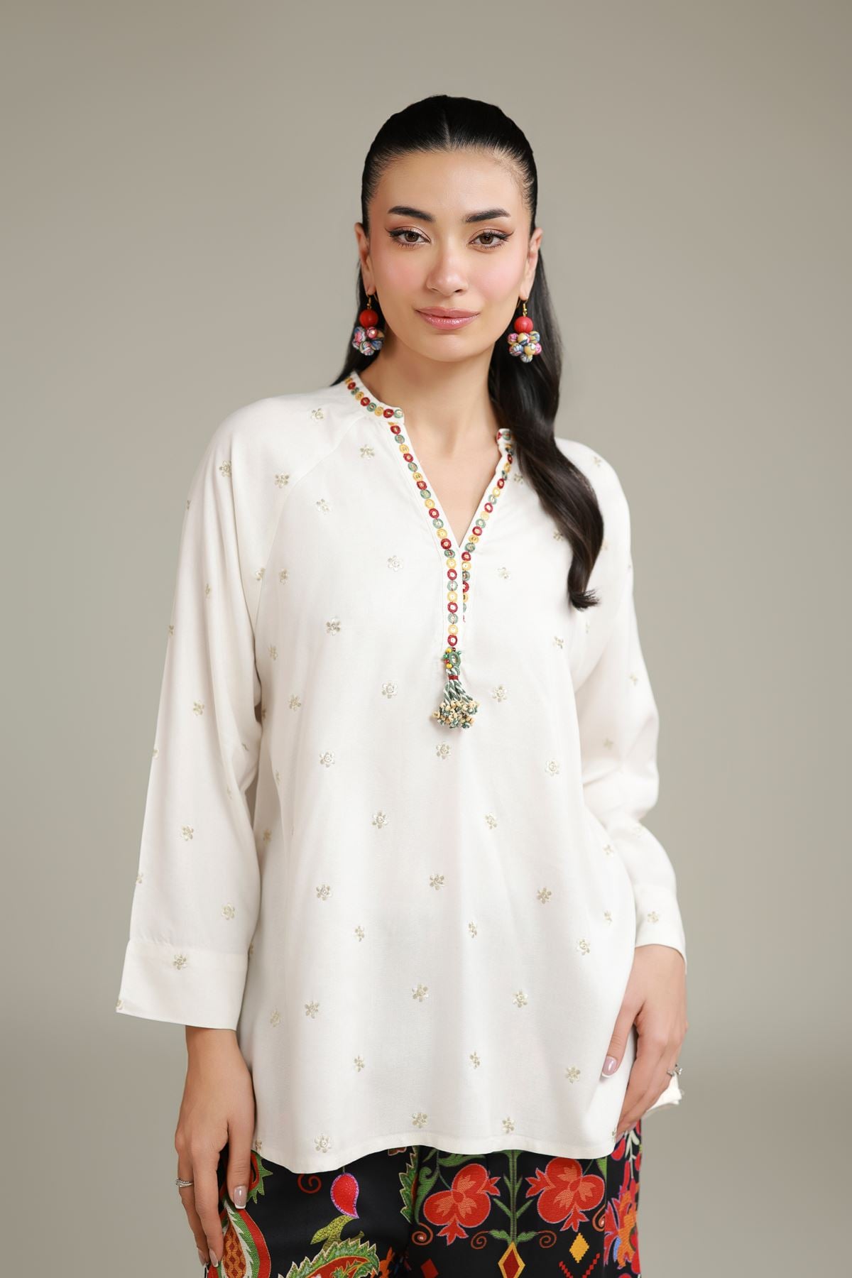 Embroidered Viscose Crepe Viscose V-Neck Tunic - 6-26-103-A-D-VG