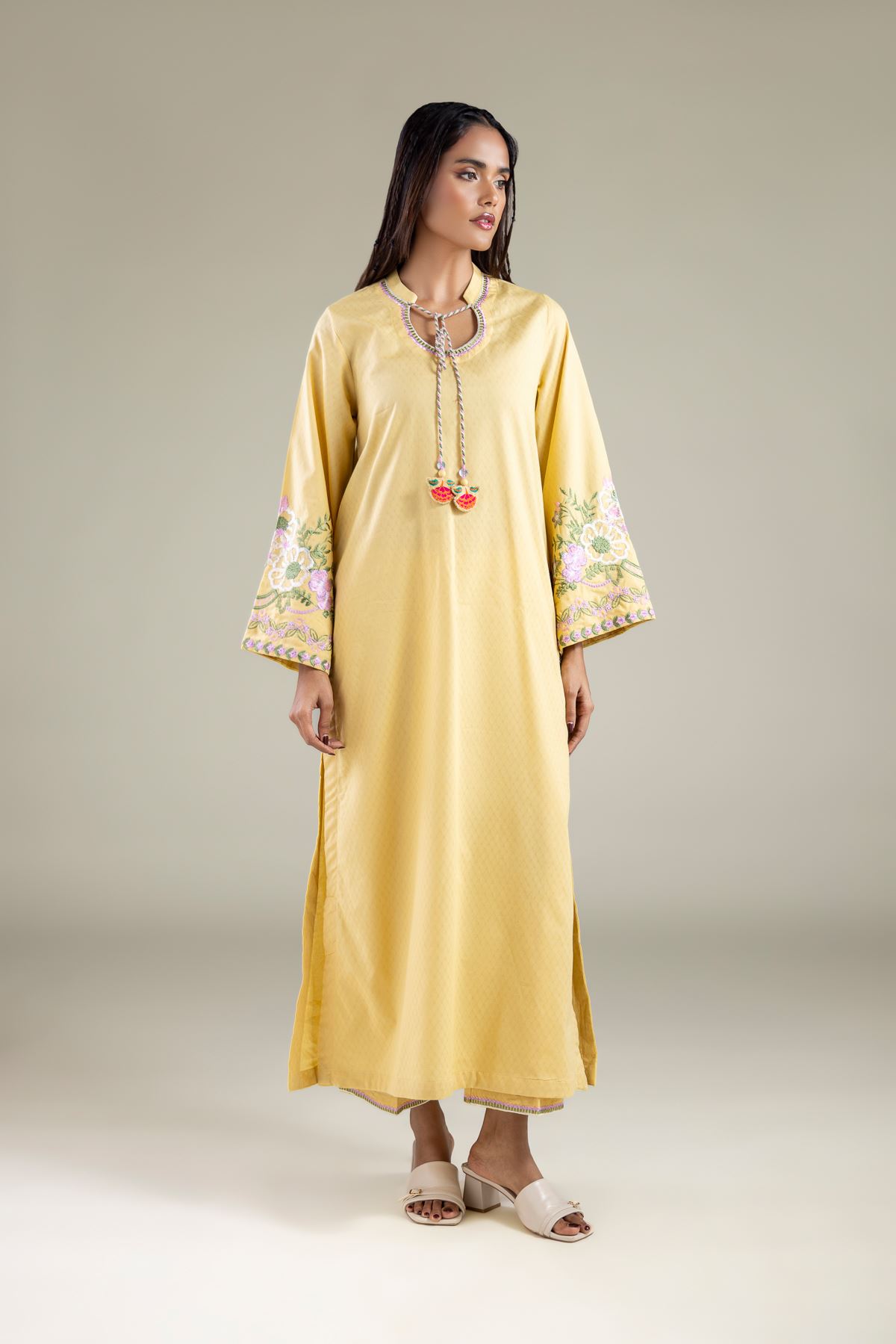 Embroidered Cotton Dobby Floral Drawstring Kurta - T-A33-26-105FH-VG
