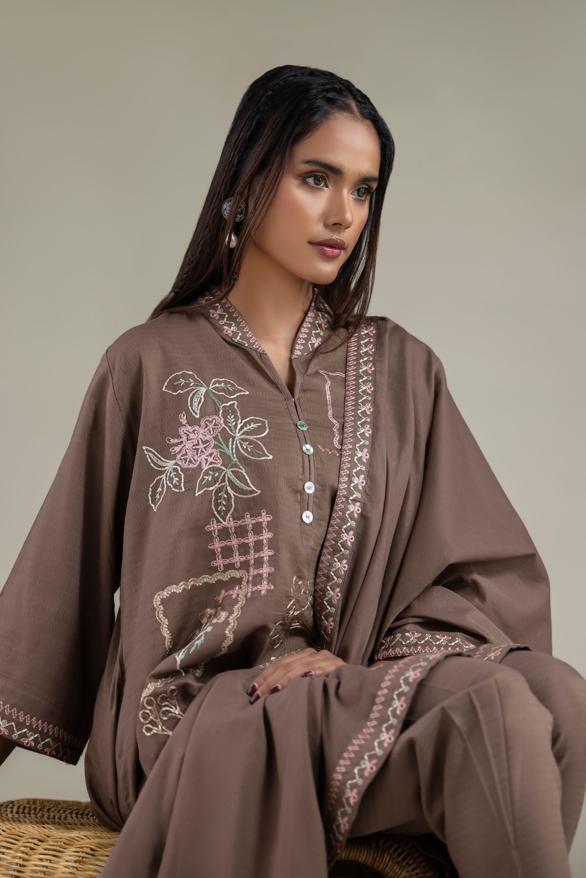 Embroidered Cotton Dobby Floral V-Neck Kurta - 1-26-114-A-F-VG