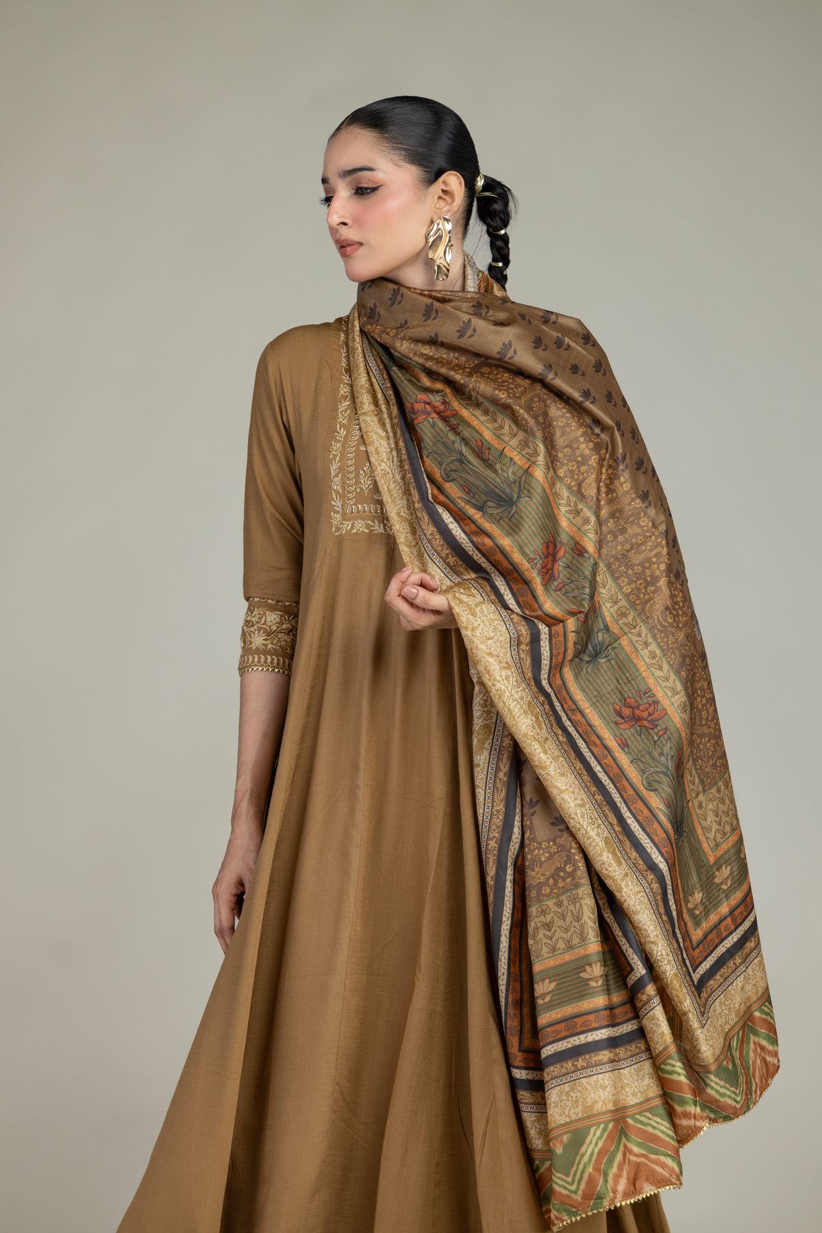 Printed Polyester Silk Floral Brown Dupatta - 2-26-203-A-B1-VG