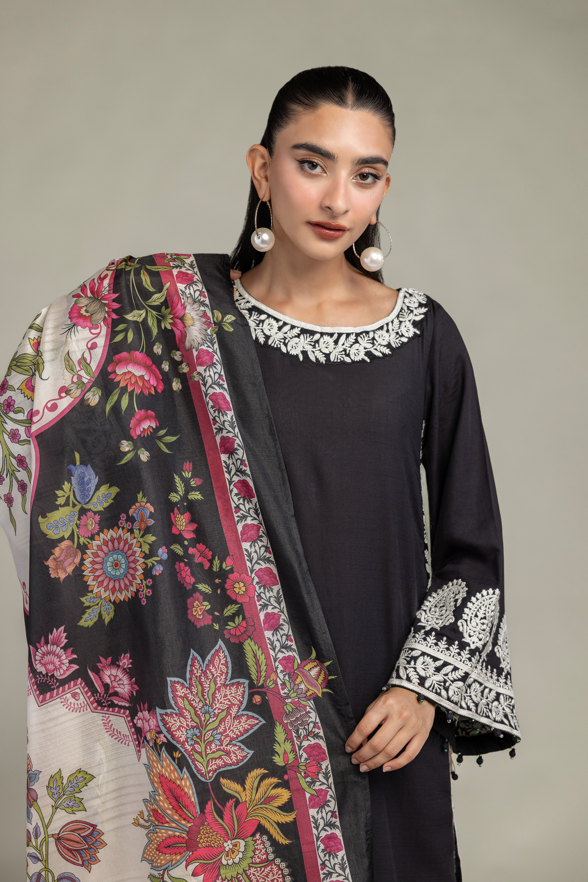 Embroidered Polyester Silk Black Silk Dupatta - 2-26-106-A-H-VG