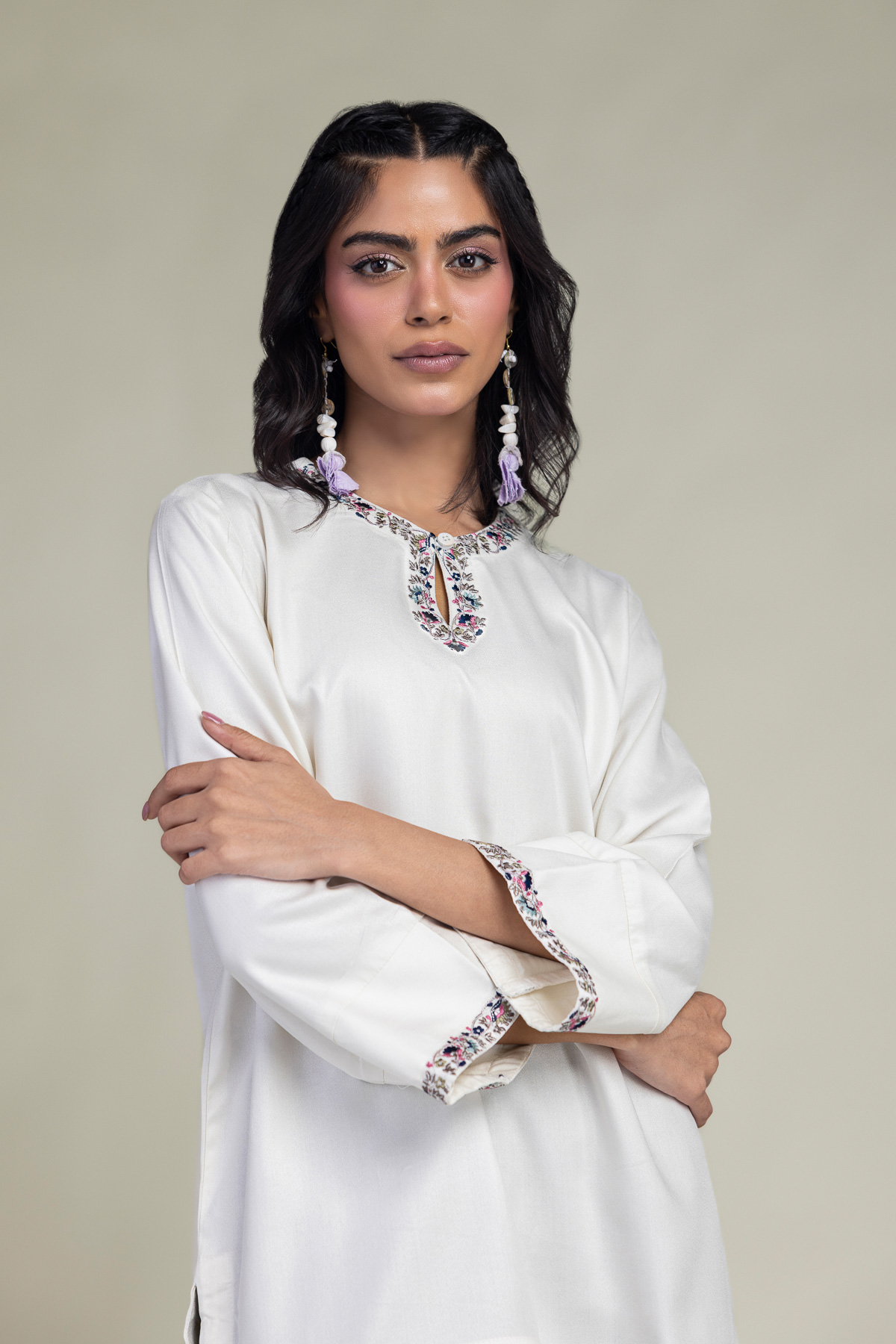Embroidered Viscose Crepe Solid Viscose Tunic - 6-26-207-B-E1-VG