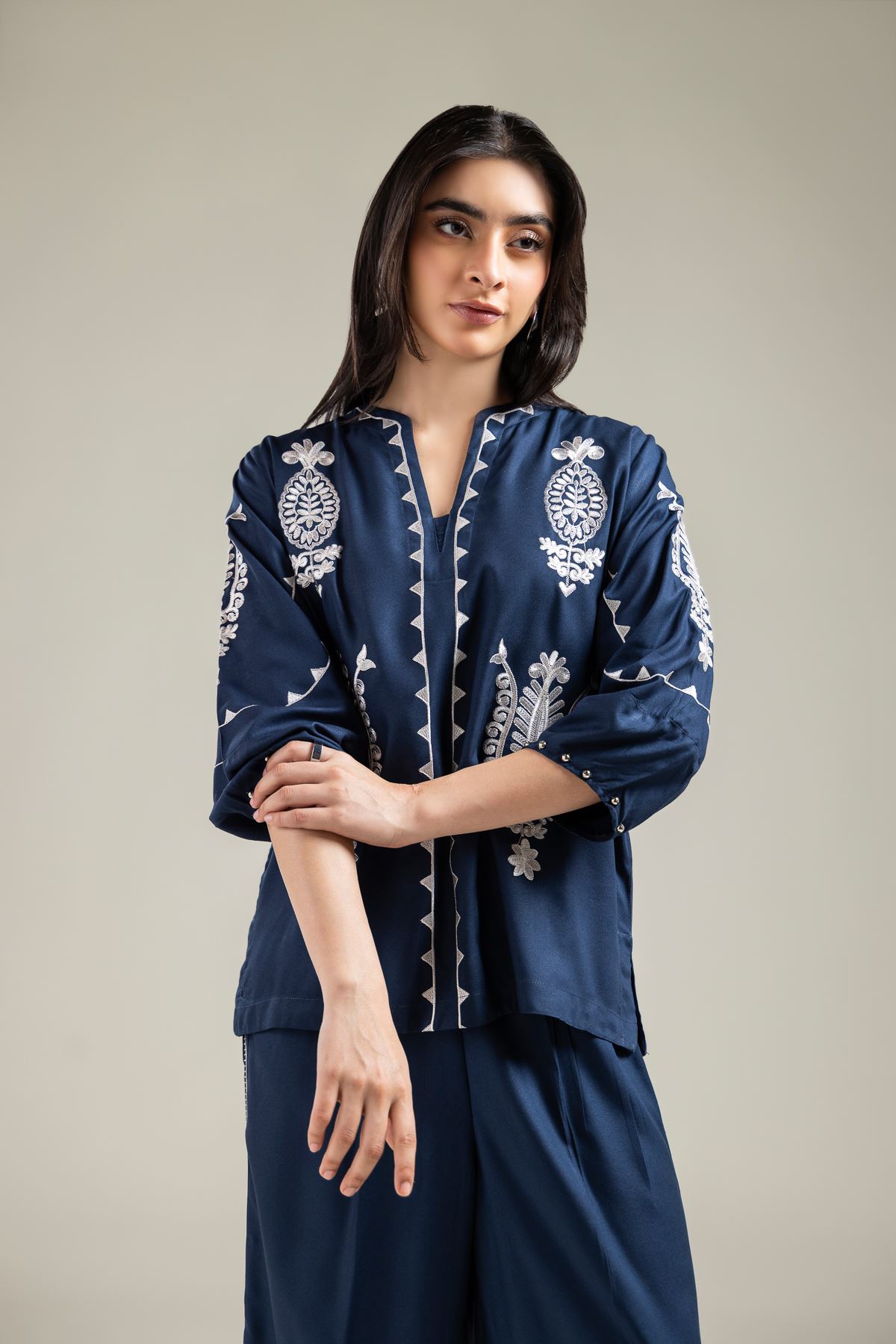 Embroidered Viscose Crepe Embroidered Navy Blouse - 1-26-142-A-D-VG