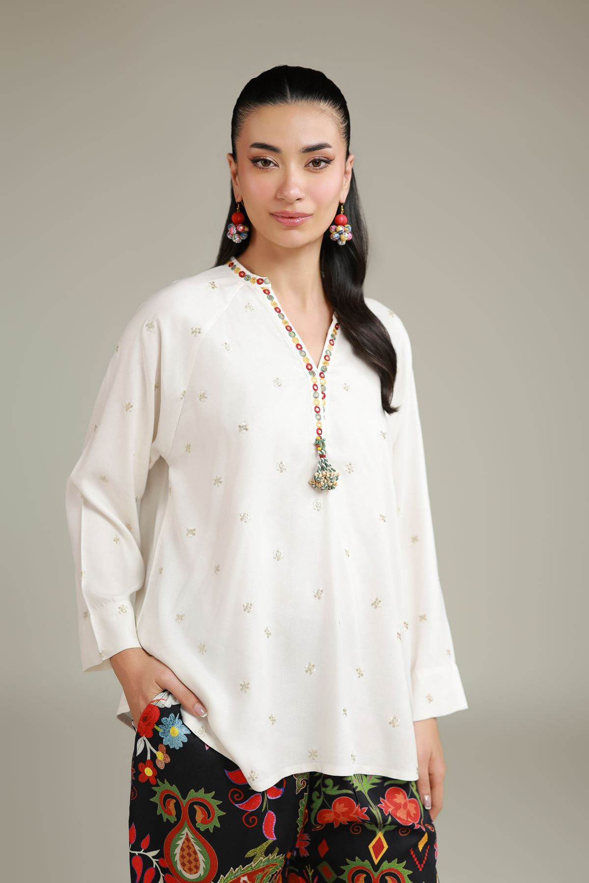 Embroidered Viscose Crepe Viscose V-Neck Tunic - 6-26-103-A-D-VG