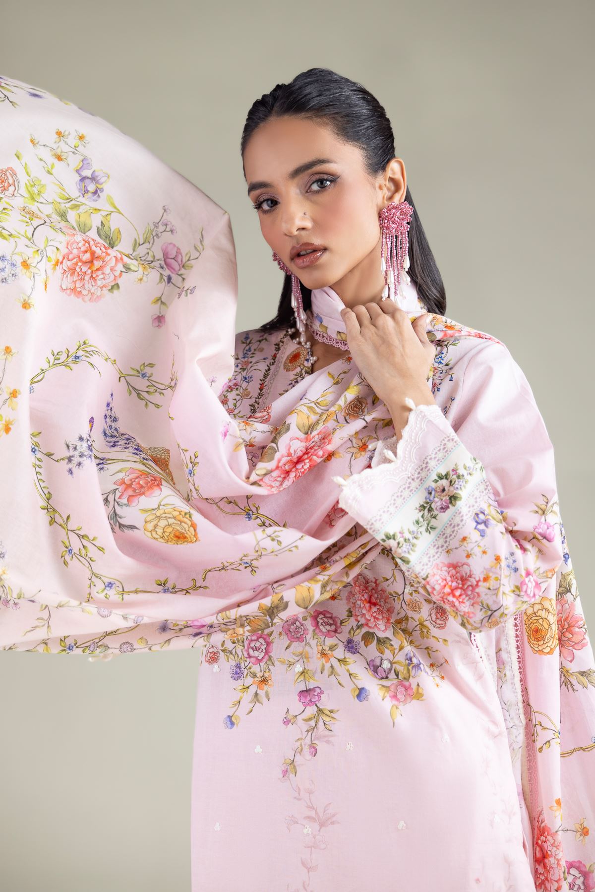 Embroidered Lawn Floral Lace Dupatta - 1-26-111-A-F-VG