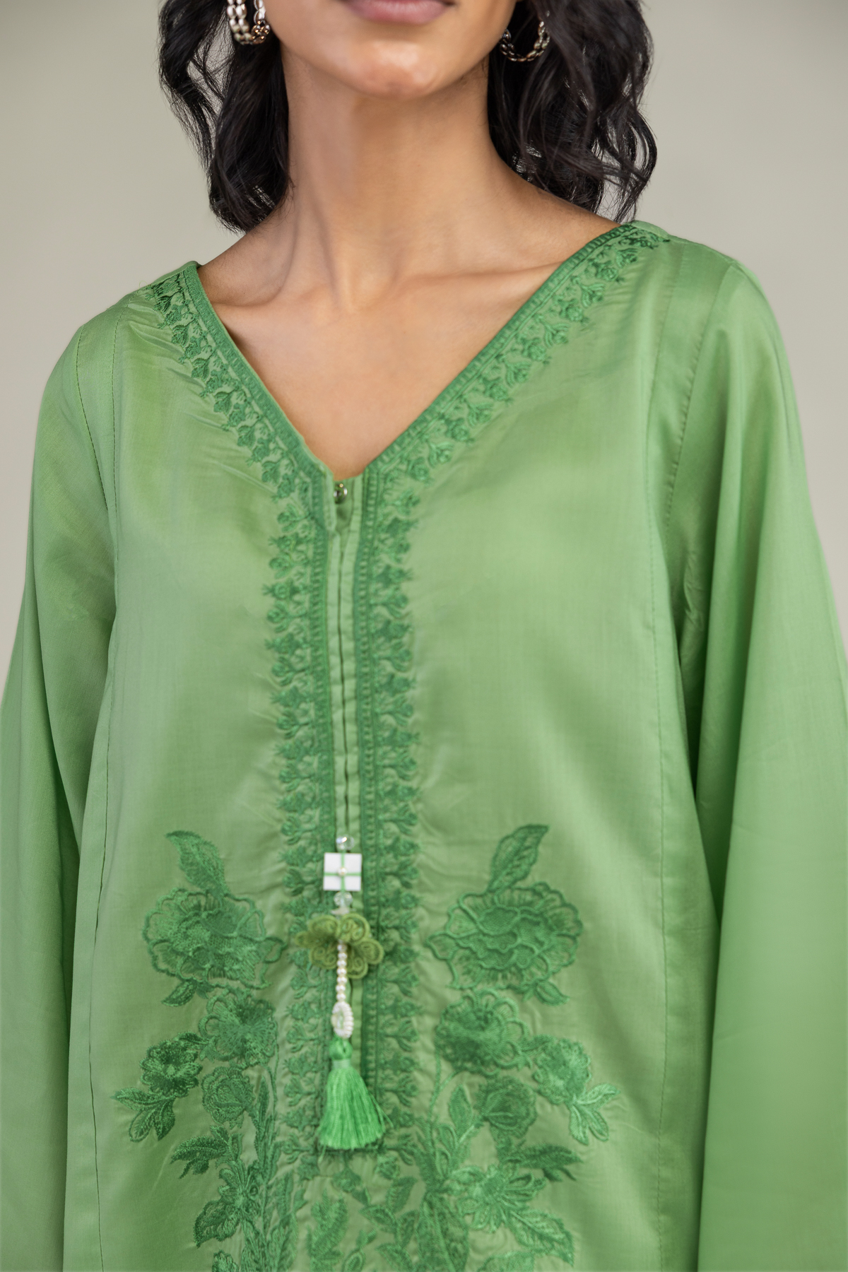 Embroidered Lyocell Green V-Neck Kurta - 8-26-208-A-A1-VG