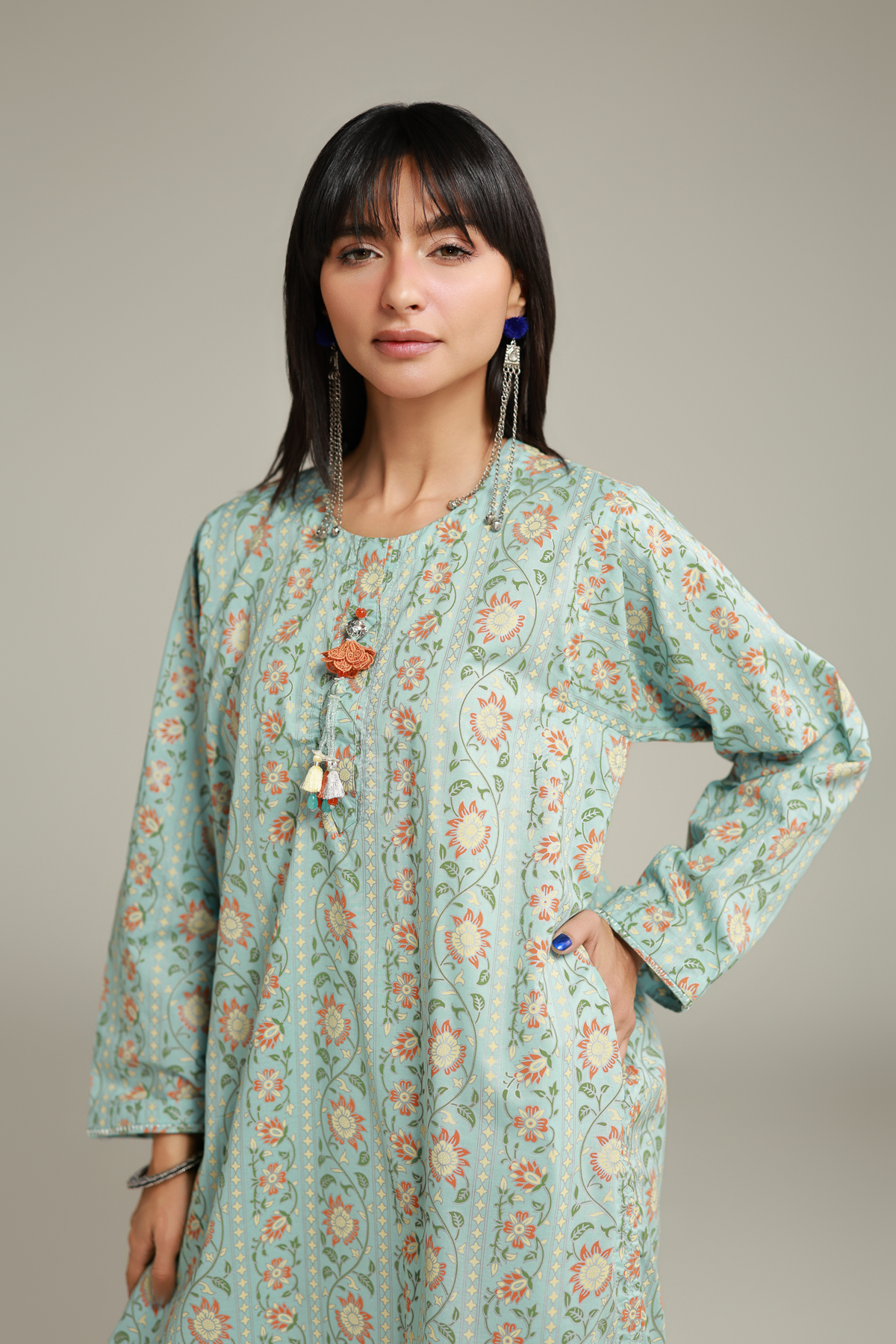 Printed Cambric Floral Tassel Kurta - 12-26-115-E-H-VG