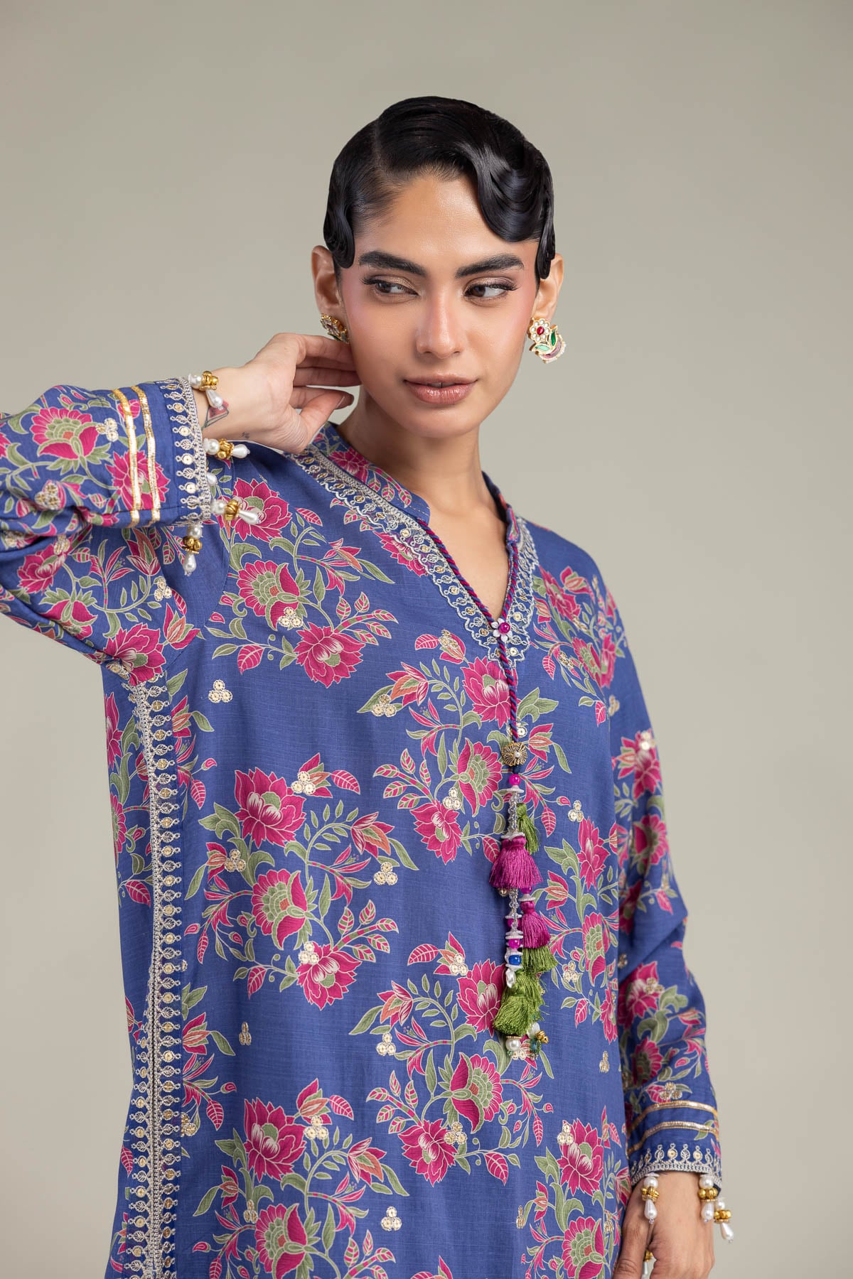 Embroidered Raw Silk Blue V-Neck Kurta - 1-26-102-A-F-VG