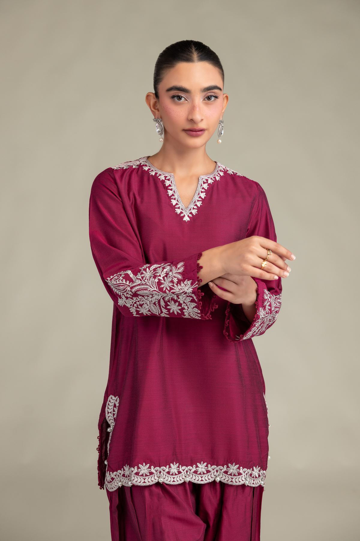 Printed Raw Silk Silk V-Neck Kurta - 1-26-244-A-D1-VG