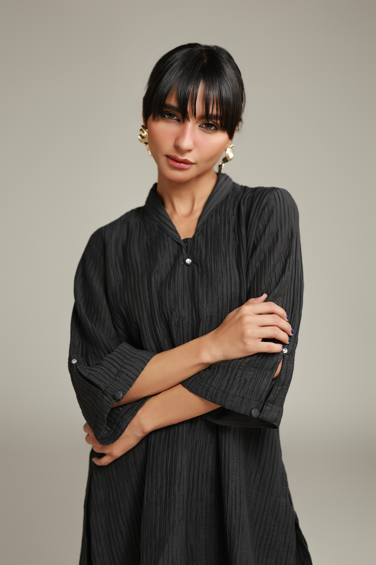 Dyed Blended Crinkle Black Crinkle Kurta - 26-02-1E13-02TA-VG