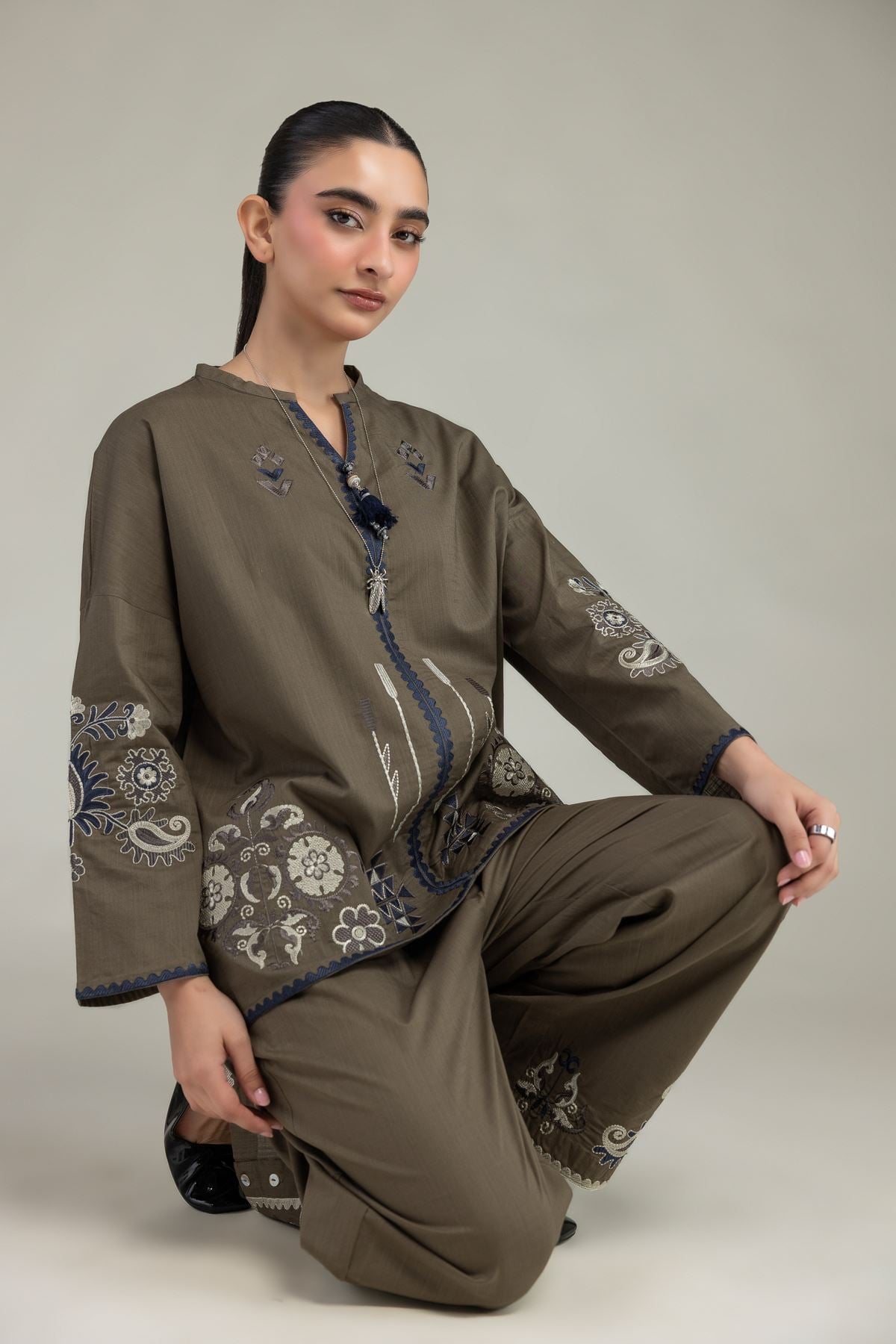 Embroidered Textured Cotton Floral Olive Blouse - 6-26-204-A-D2-VG