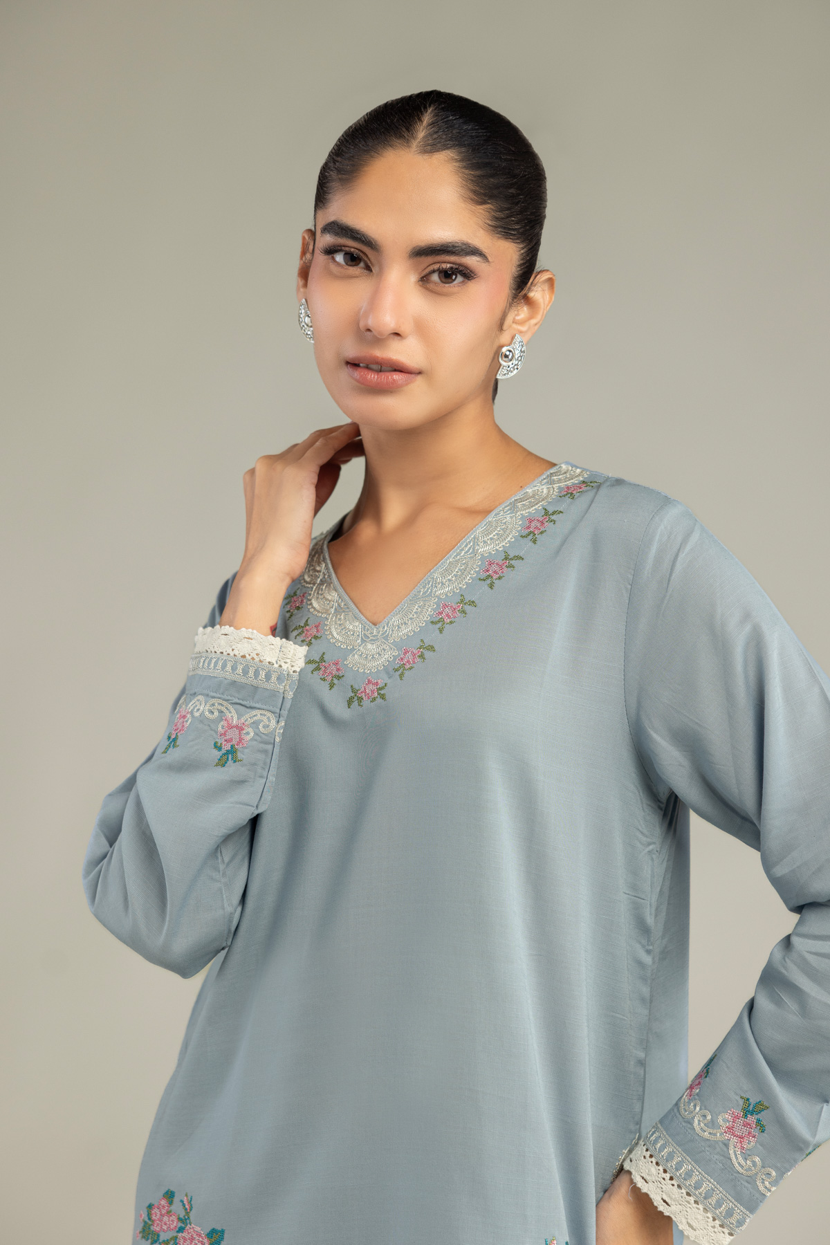 Embroidered Raw Silk Blue Floral Kurta - 1-26-102-A-F-VG
