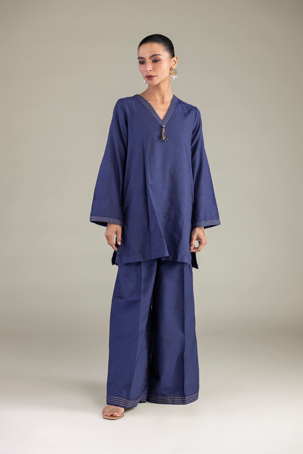 Dyed Raw Silk Navy Solid Pants - 8-26-303-A-C1-VG