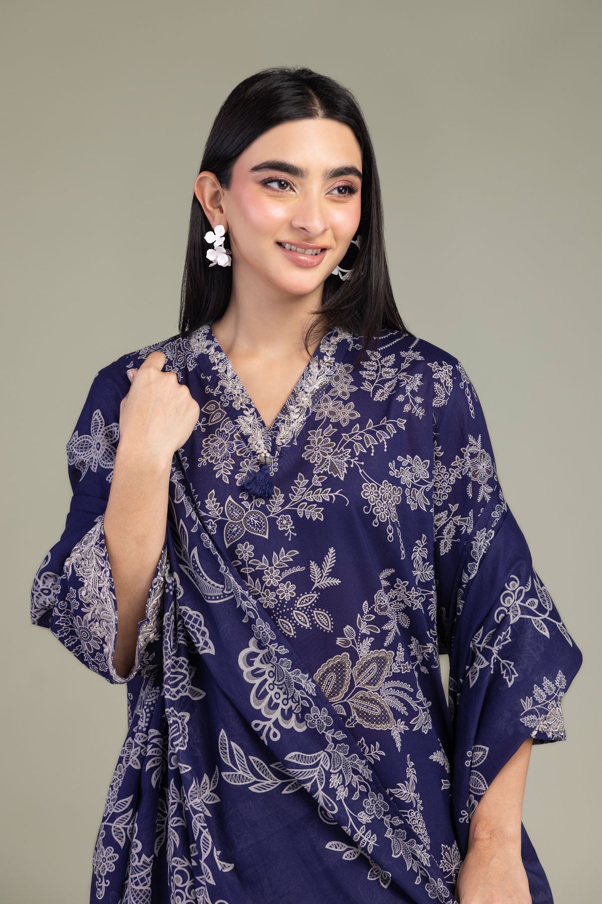 Embroidered Lawn Floral Navy Dupatta - 1-26-102-A-F-VG